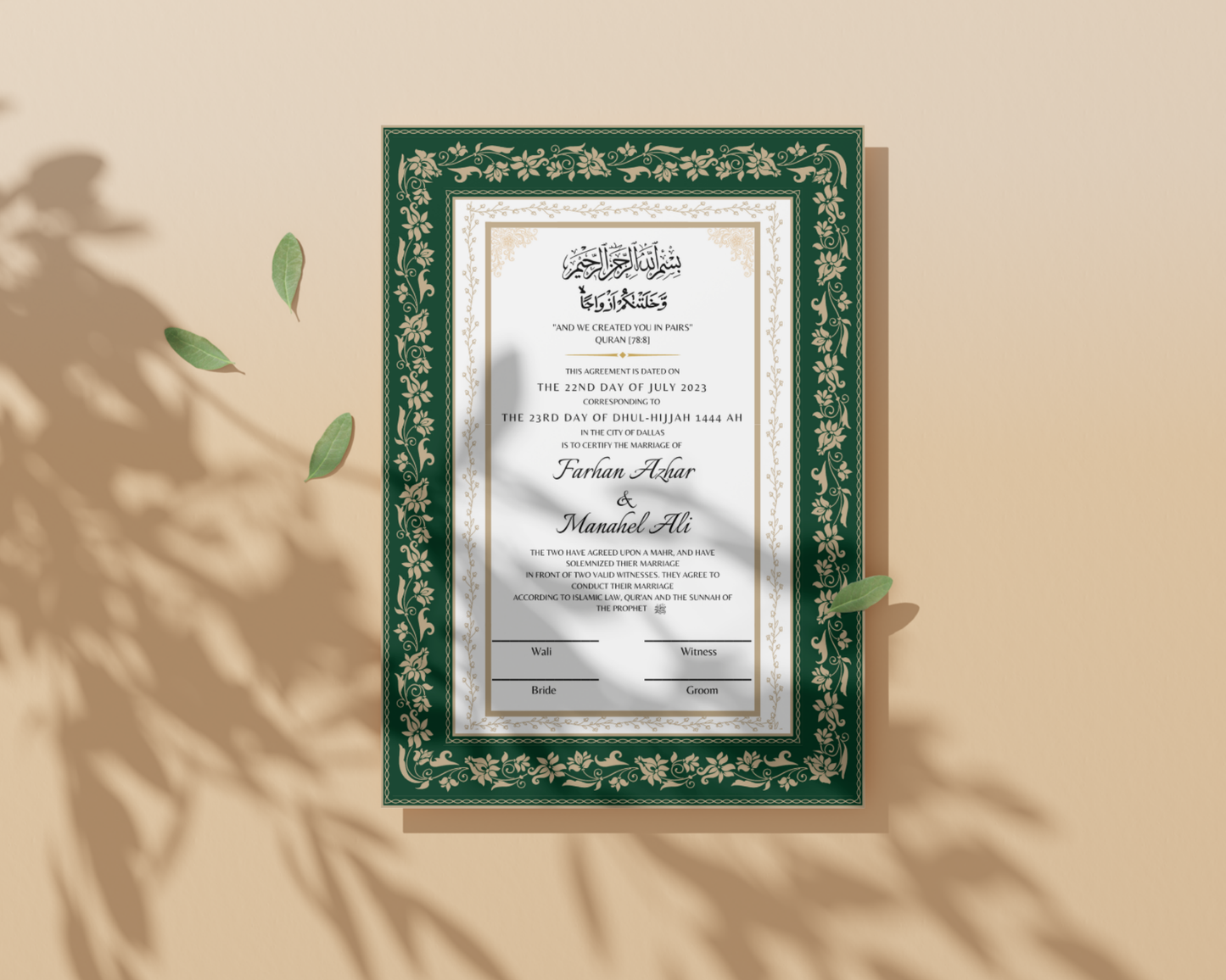 A3 Digital Nikkah Certificate - Gulzar Green