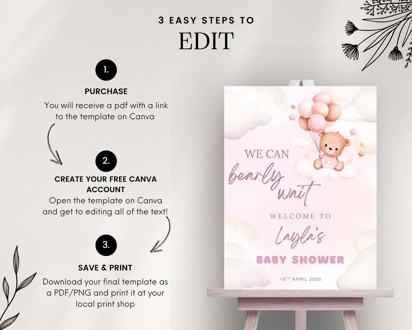 Pink Bearly Baby Shower Sign
