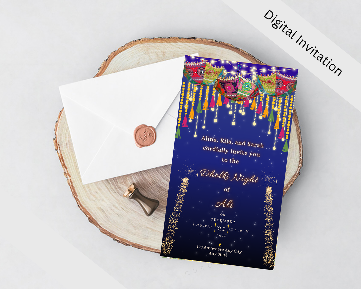 Blue Lighted Dholki Invite