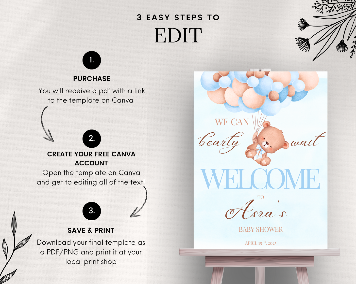 Blue Bear Baby Shower Sign
