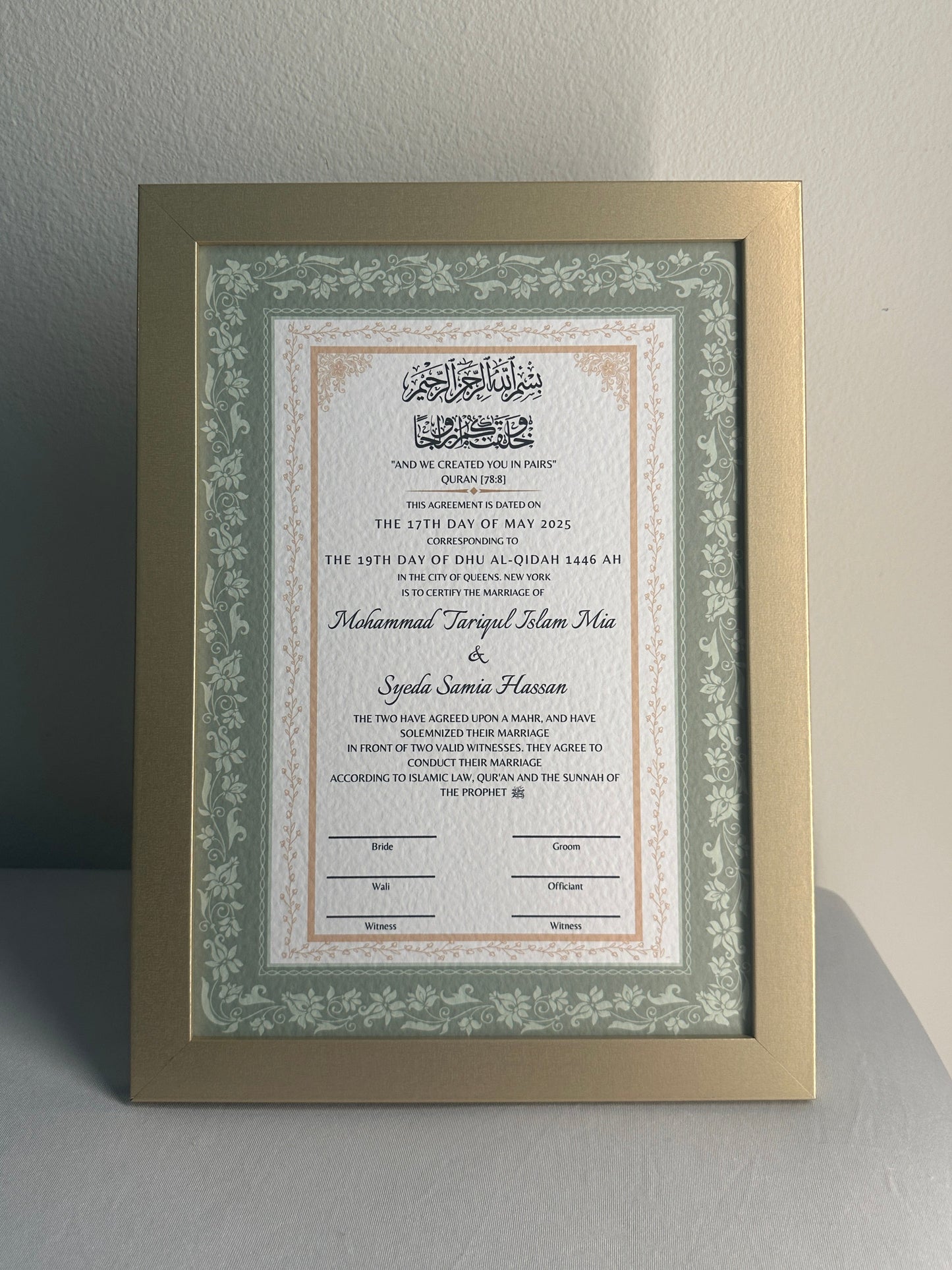 Luxury Nikkah Certificate - GULZAR (Sage Green)