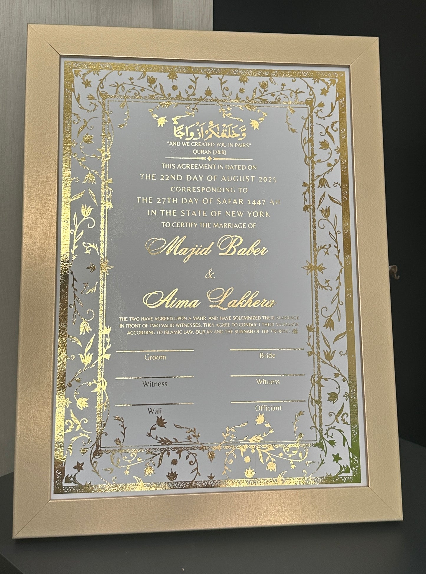 Luxury Nikkah Certificate - ZAHRINA (Gold Foiled)