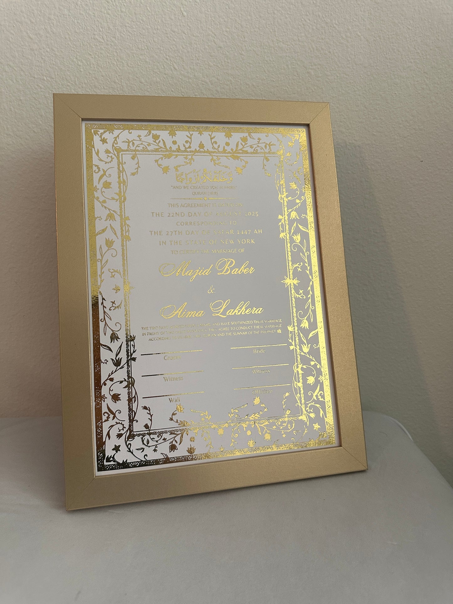 Luxury Nikkah Certificate - ZAHRINA (Gold Foiled)