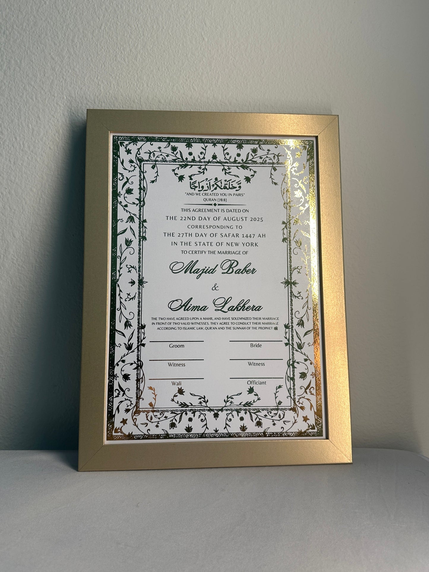 Luxury Nikkah Certificate - ZAHRINA (Gold Foiled)