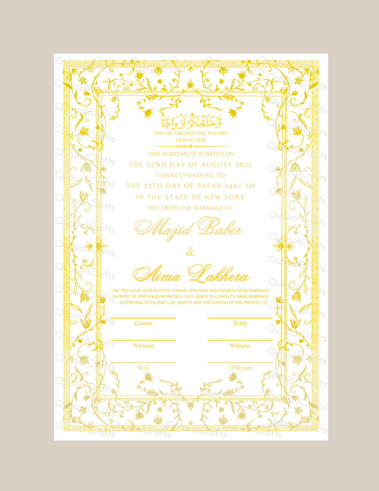 Luxury Nikkah Certificate - ZAHRINA (Gold Foiled)