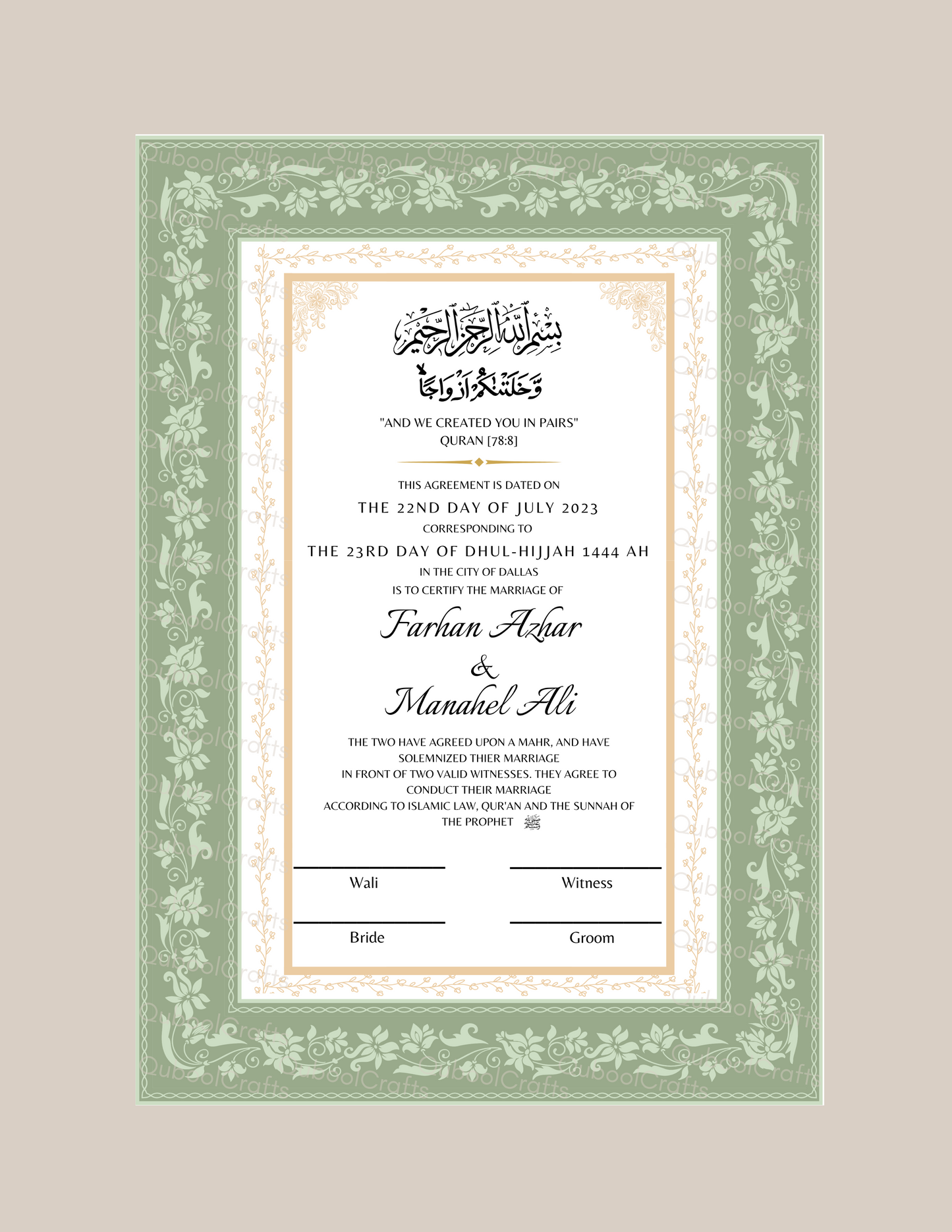 Luxury Nikkah Certificate - GULZAR (Sage Green)