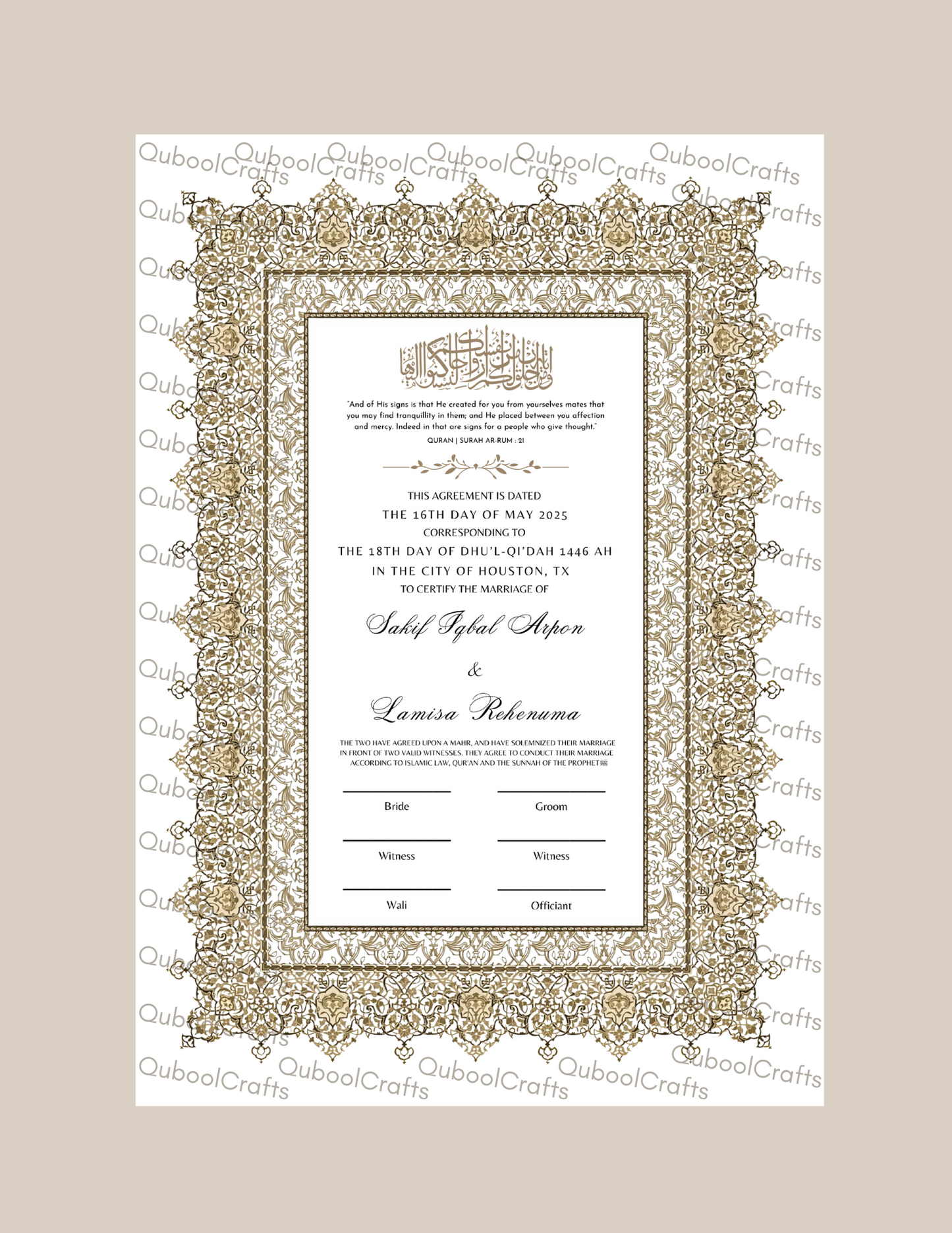 Luxury Nikkah Certificate - Rana Gold