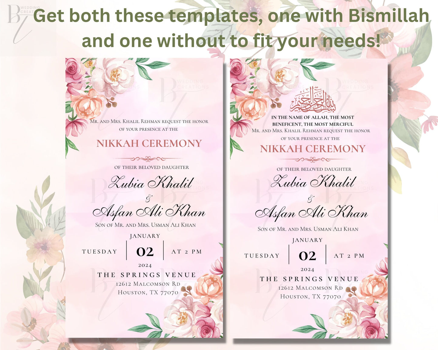 Editable Nikkah Shaadi Walima Shalima Engagement Invitation Card Digital Electronic Muslim Wedding Invite Pink Pastel Invitation Nikkah Cere