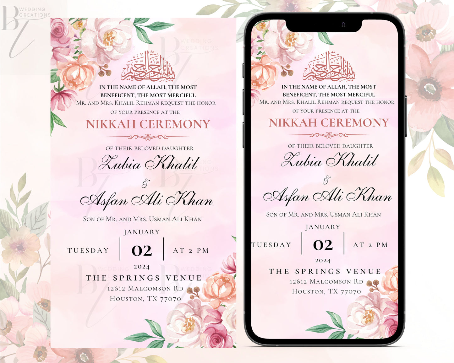 Editable Nikkah Shaadi Walima Shalima Engagement Invitation Card Digital Electronic Muslim Wedding Invite Pink Pastel Invitation Nikkah Cere
