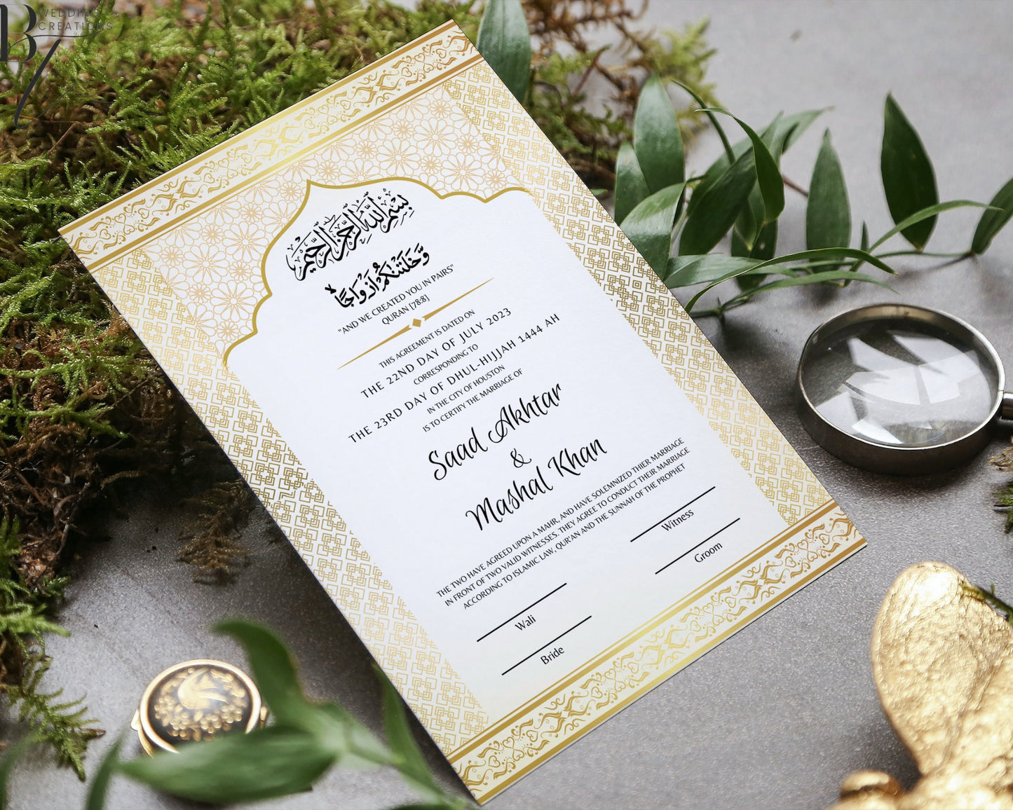 Digital Editable Nikkah Contract Personalized Muslim Cards Nikkanama Muslim Desi Template Instant Download Gold Bismillah A3 Kateb Kteb