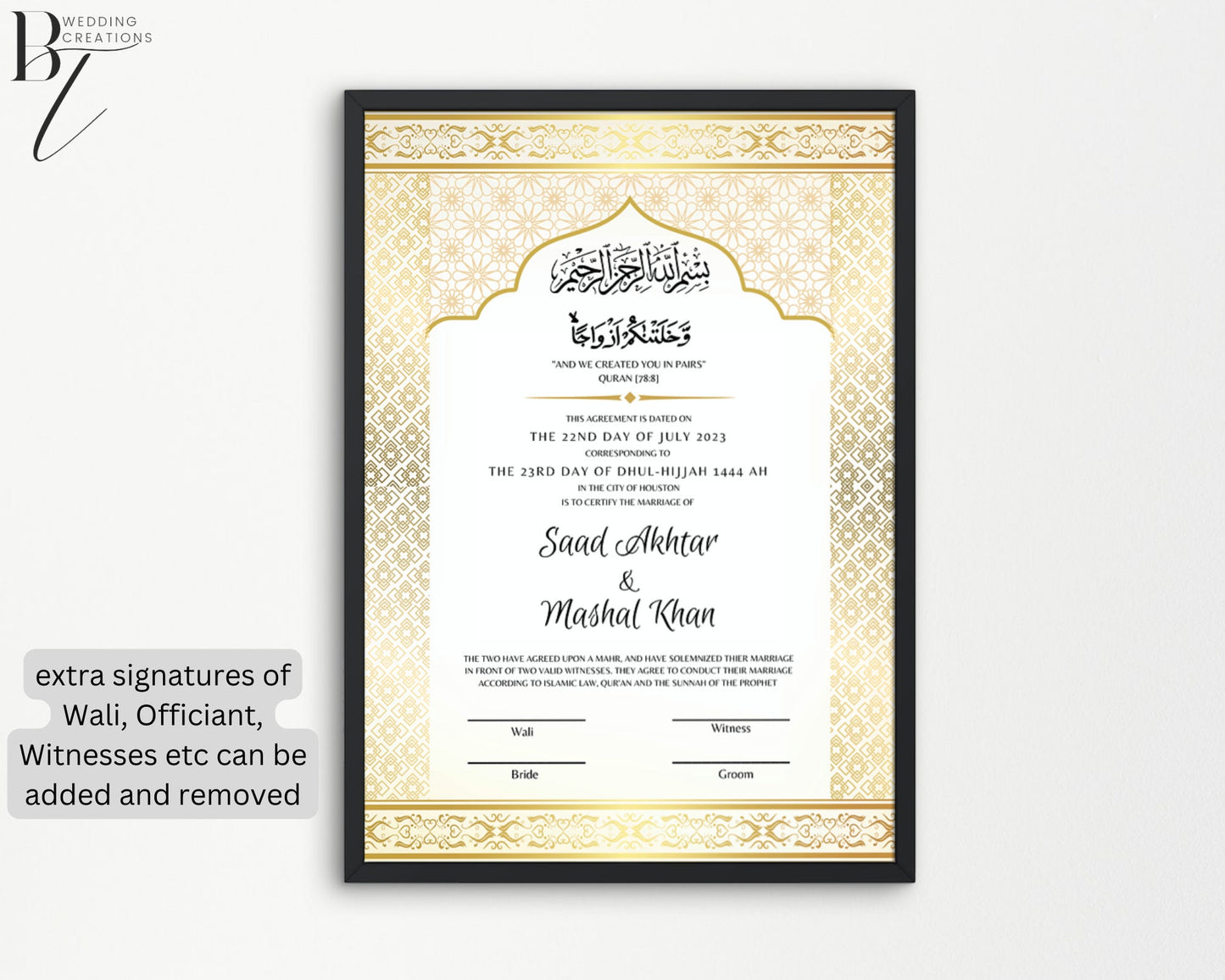 Digital Editable Nikkah Contract Personalized Muslim Cards Nikkanama Muslim Desi Template Instant Download Gold Bismillah A3 Kateb Kteb