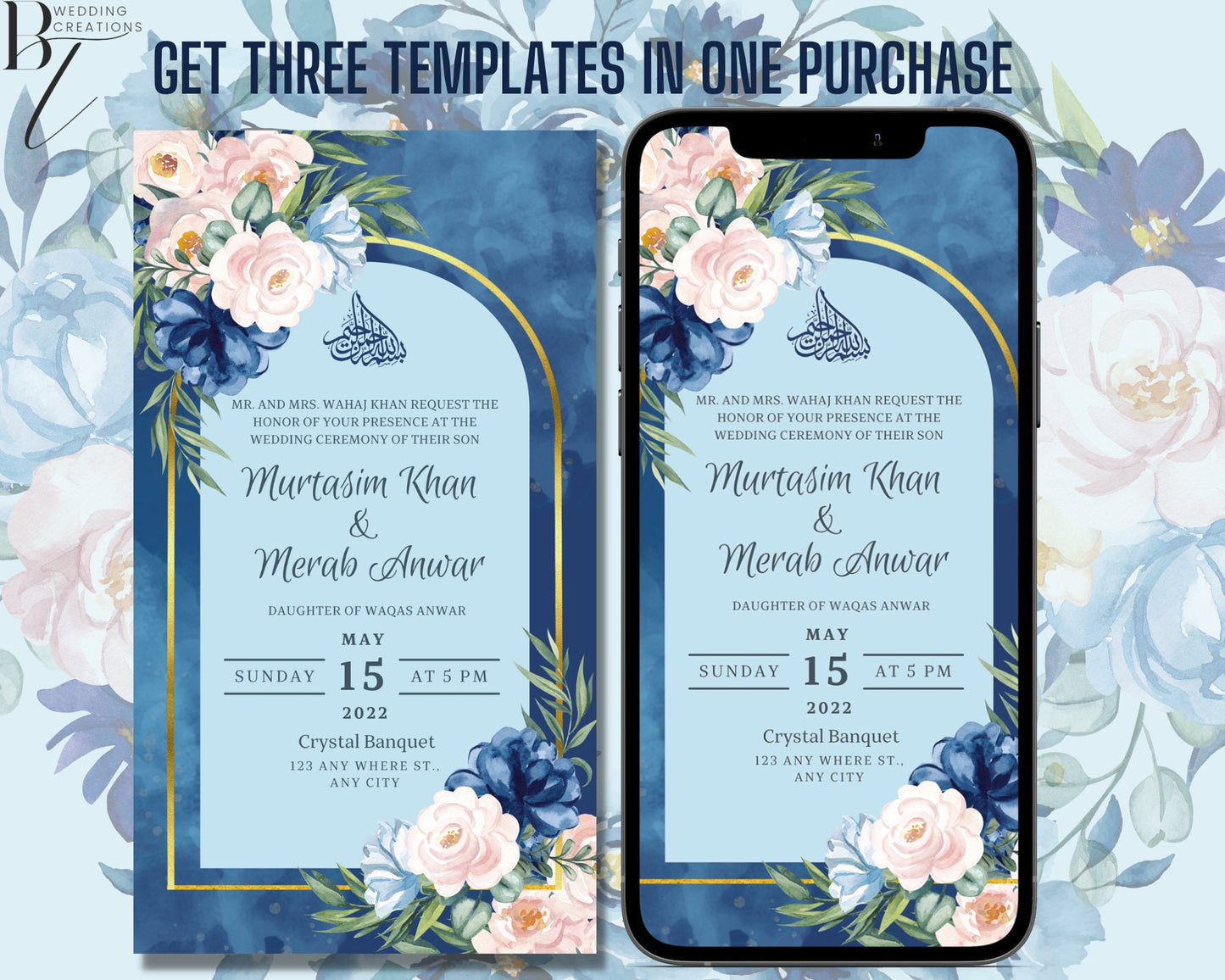 Editable Digital Wedding Engagement Card Walima Shaadi Nikkah Invitation Cards Digital Muslim Desi Invites Template Floral
