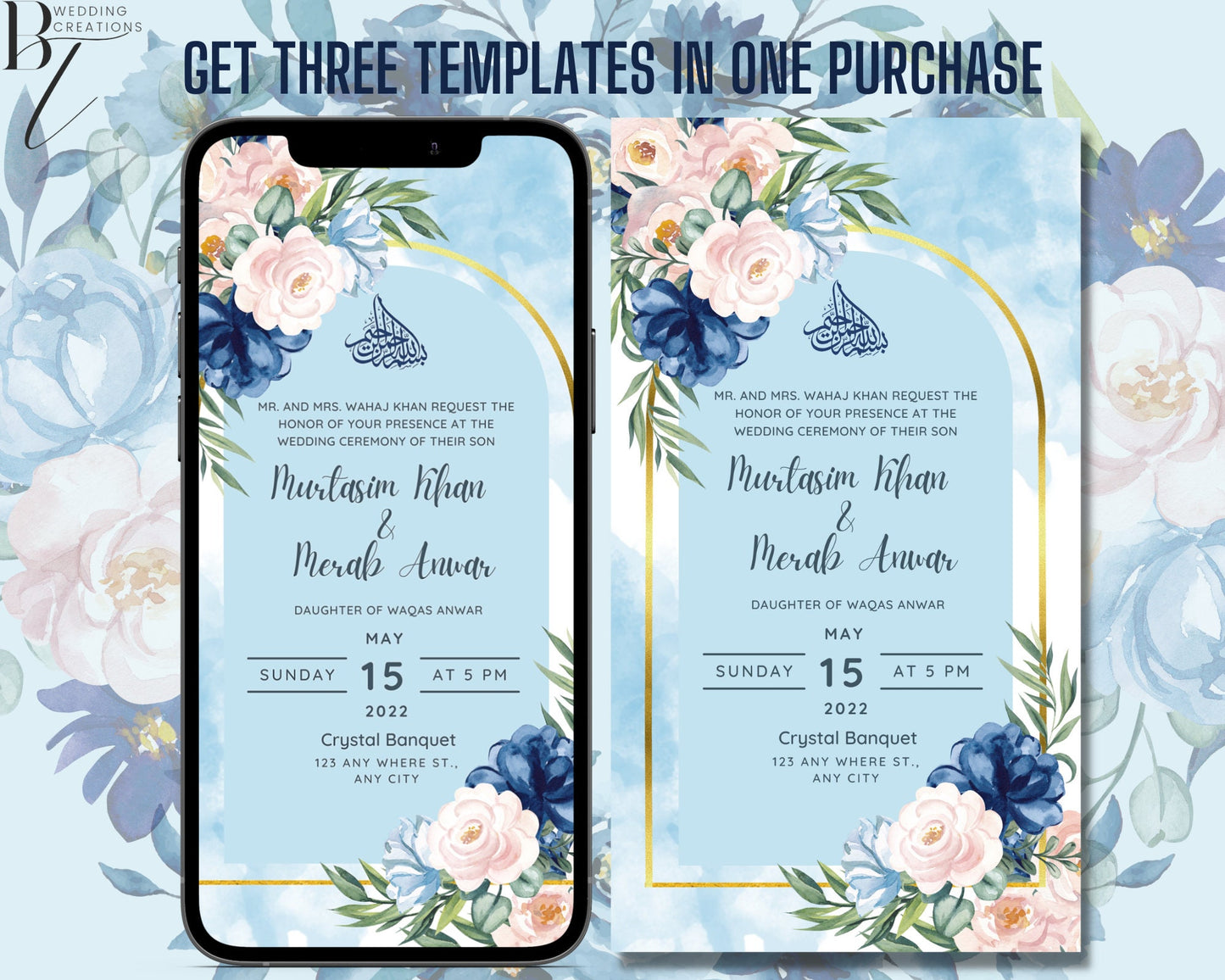 Editable Digital Wedding Engagement Card Walima Shaadi Nikkah Invitation Cards Digital Muslim Desi Invites Template Floral