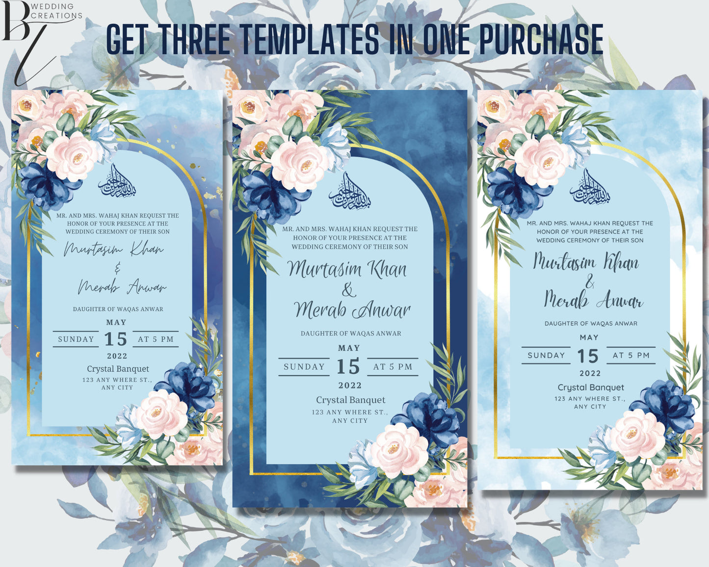 Editable Digital Wedding Engagement Card Walima Shaadi Nikkah Invitation Cards Digital Muslim Desi Invites Template Floral