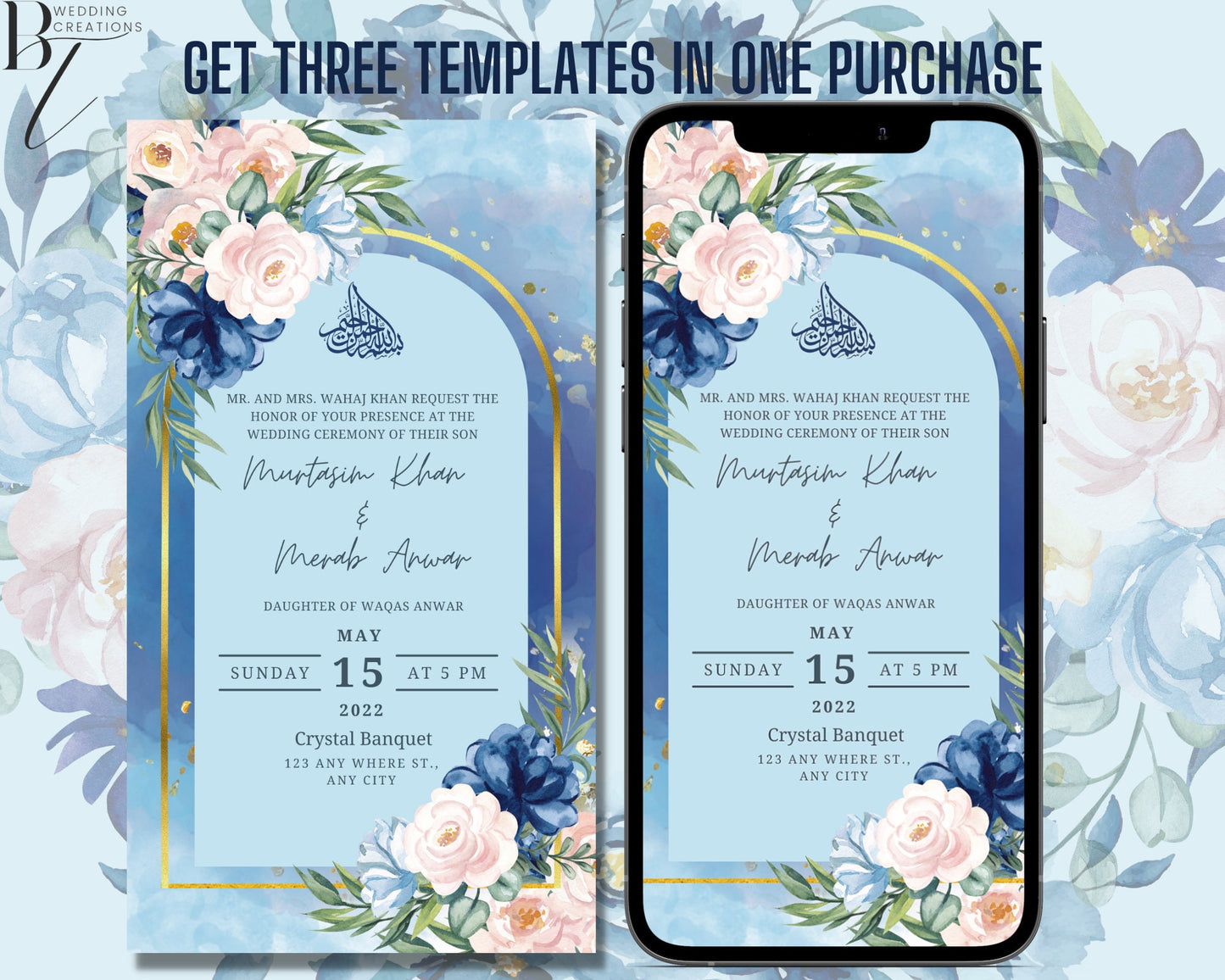 Editable Digital Wedding Engagement Card Walima Shaadi Nikkah Invitation Cards Digital Muslim Desi Invites Template Floral