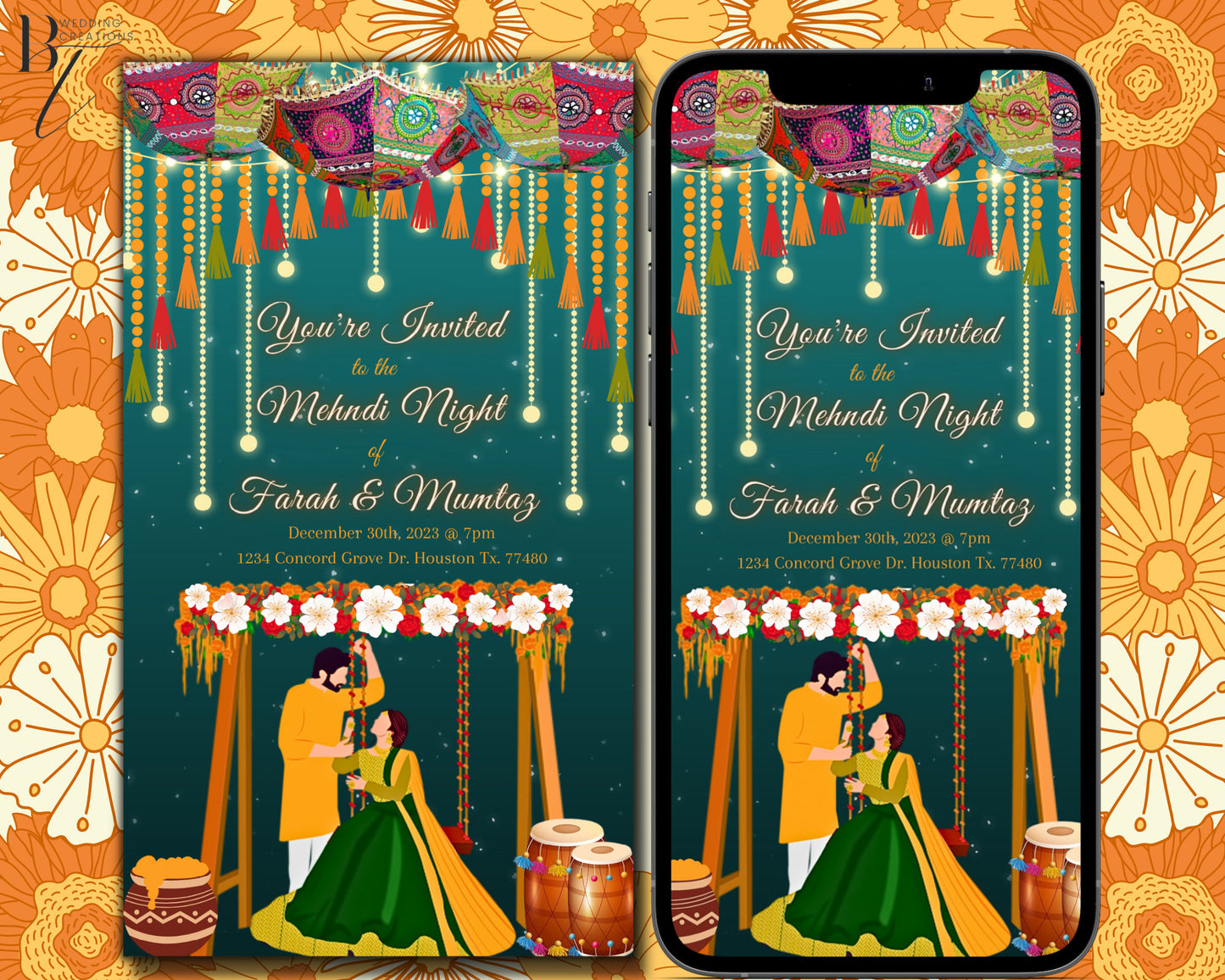 Editable Henna Mehndi Haldi Mayoun Mayun Dholki Pithi Sangeet Invitation Card Digital Muslim Desi Invite Template Downloadable Dholak Indian