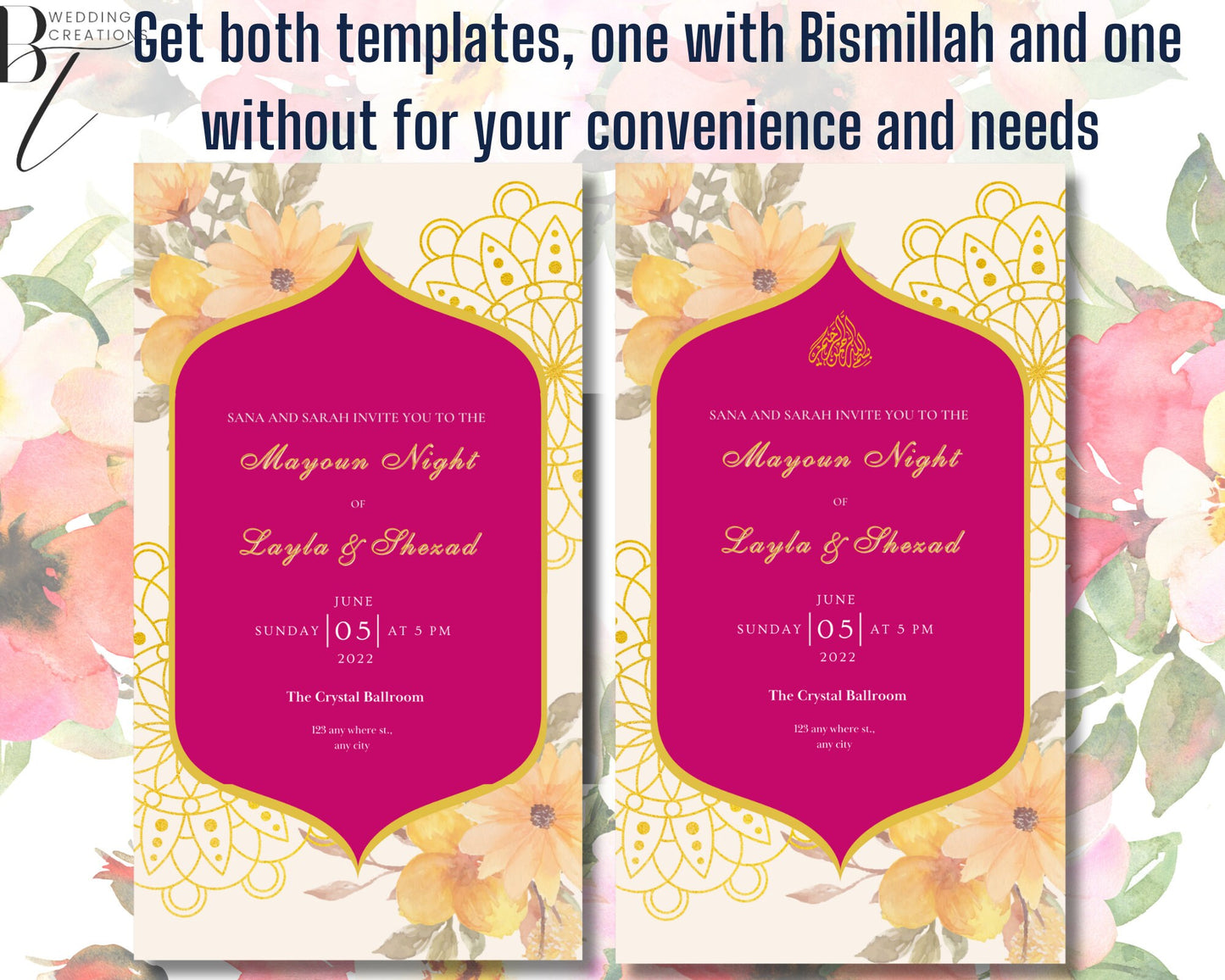 ANIMATED Mayoun Mayun Dholki Haldi Sangeet Editable Digital Wedding Invitation Card Muslim Desi Invite Template Floral Yellow Orange Pink