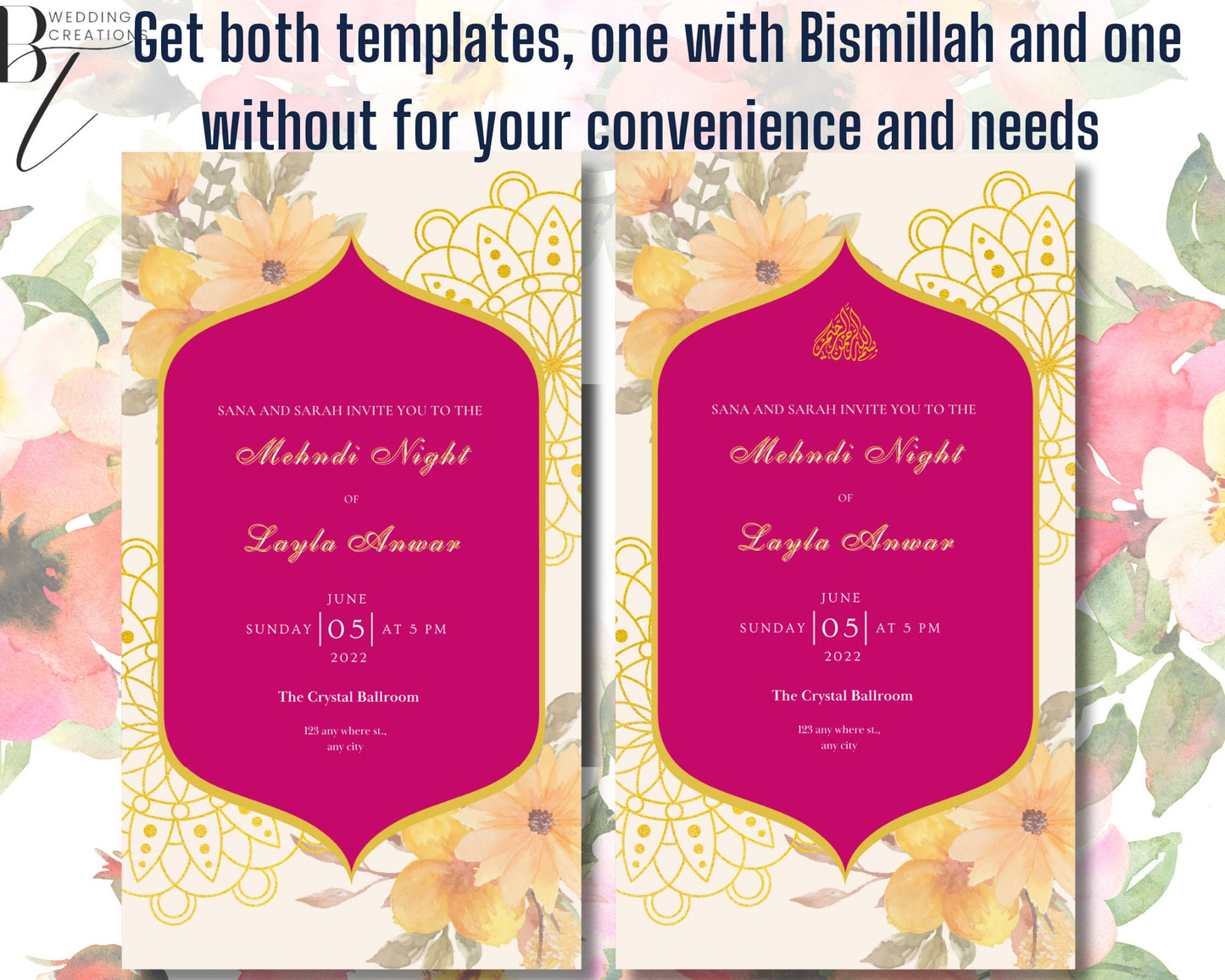 Animated Mehndi Dholki Haldi Mayoun Custom Digital Wedding Invitation Card Muslim Desi Invite Template Floral Yellow Orange Pink Swing