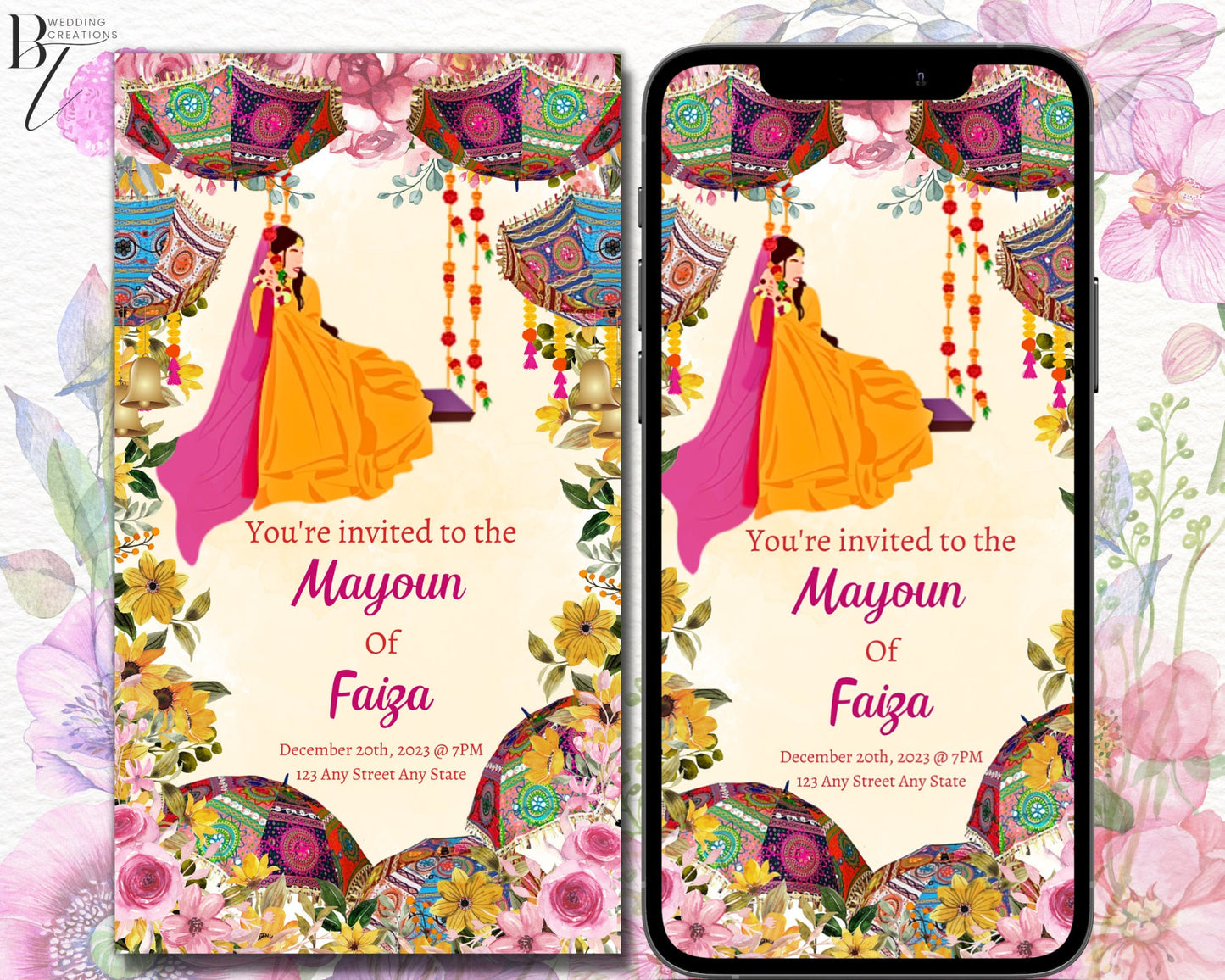 Editable Mayoun Mayun Haldi Mehndi Dholki Pithi Invitation Card Digital Desi Muslim Invite Template Floral Pink Yellow Downloadable Umbrella