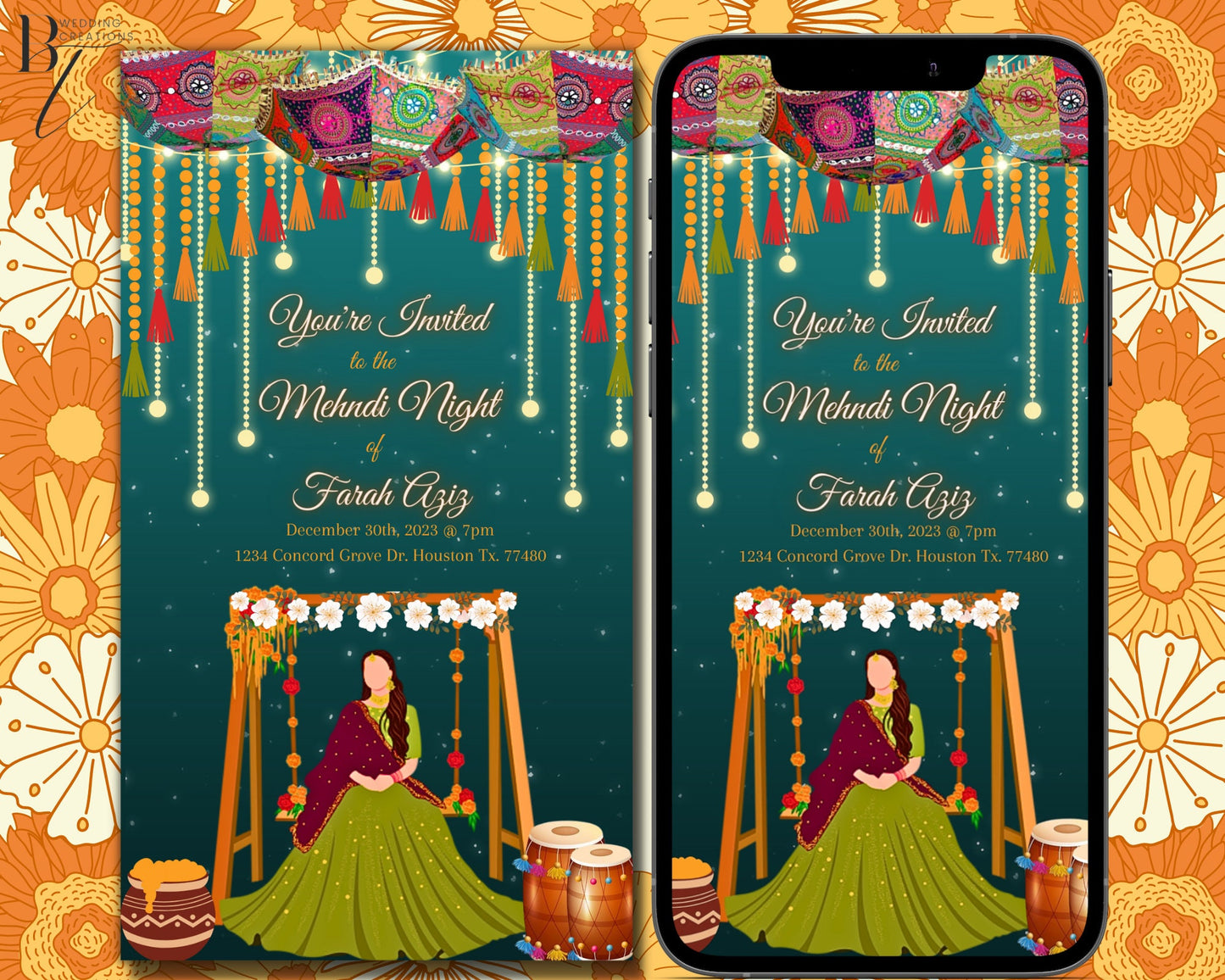 Editable Henna Mehndi Haldi Mayoun Mayun Dholki Pithi Sangeet Invitation Card Digital Muslim Desi Invite Template Downloadable Dholak Indian