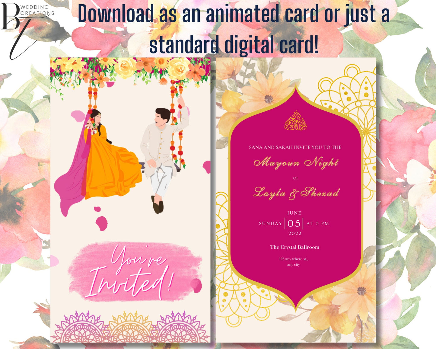 ANIMATED Mayoun Mayun Dholki Haldi Sangeet Editable Digital Wedding Invitation Card Muslim Desi Invite Template Floral Yellow Orange Pink