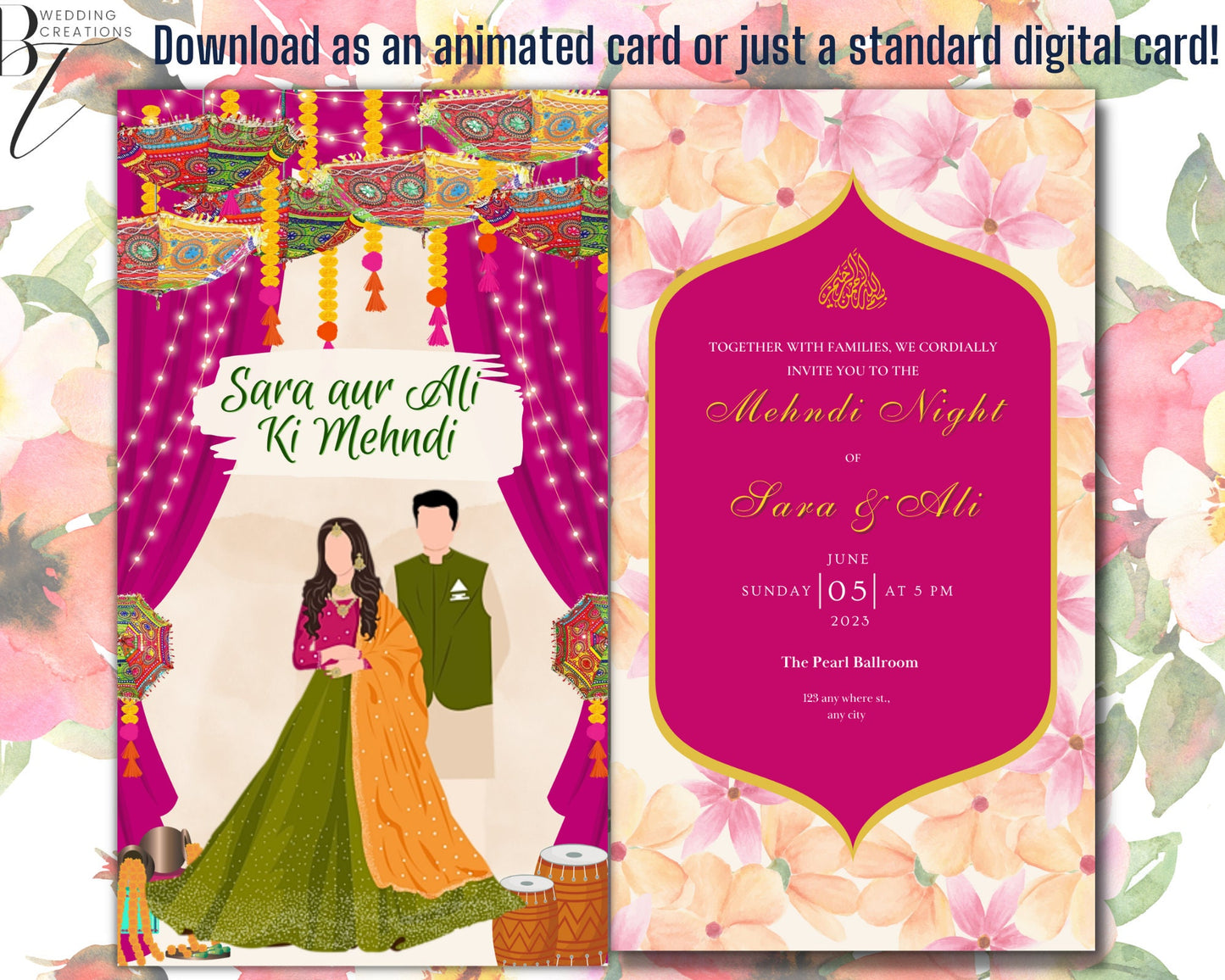 Animated Digital Mehndi Mayoun Mayun Haldi Dholki Invitation Card Muslim Desi Indian Wedding Events Template Floral Dhol
