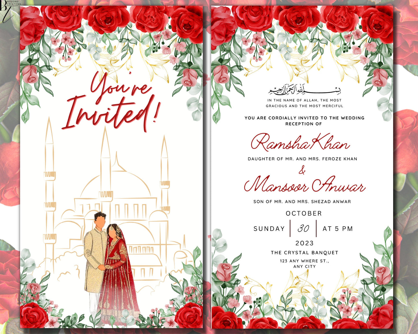 Animated Digital Shaadi Nikkah Ceremony Walima Wedding Engagement Muslim Desi Invitation Invite Card Template Floral Regal Red Masjid