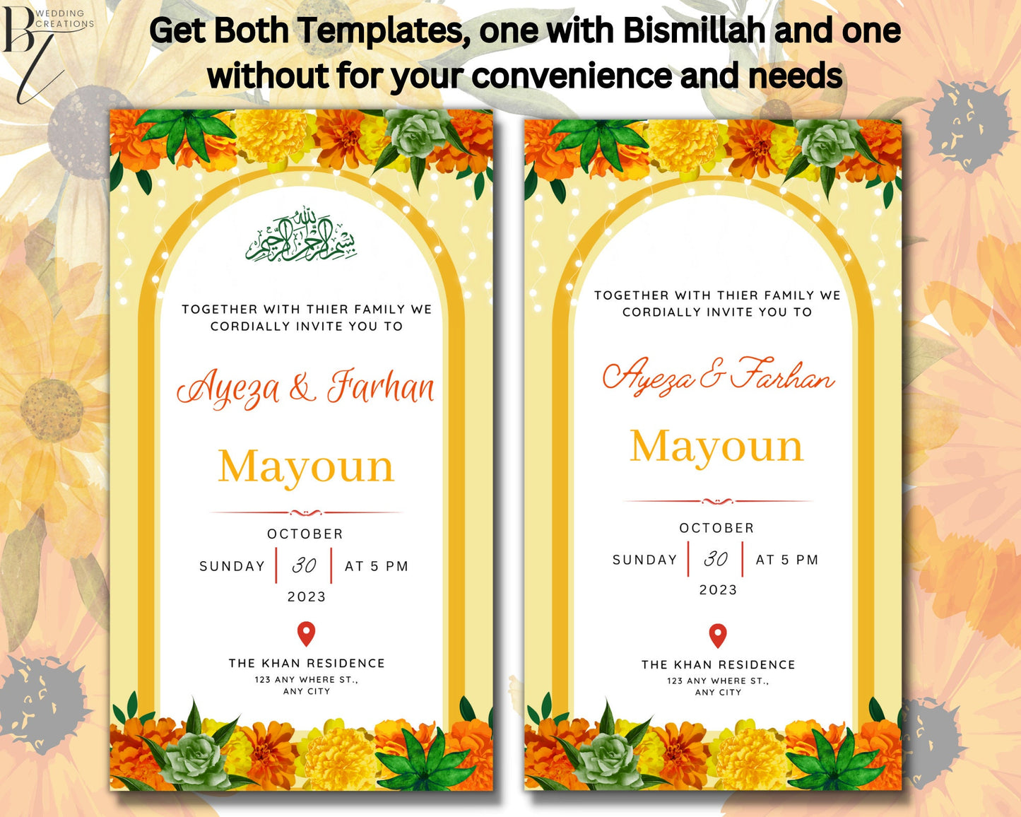 Animated Haldi Mayoun Mayun Dholki Mehndi Pithi Sangeet Digital Invitation Desi Muslim Indian Invite Card Template Floral Editable Yellow