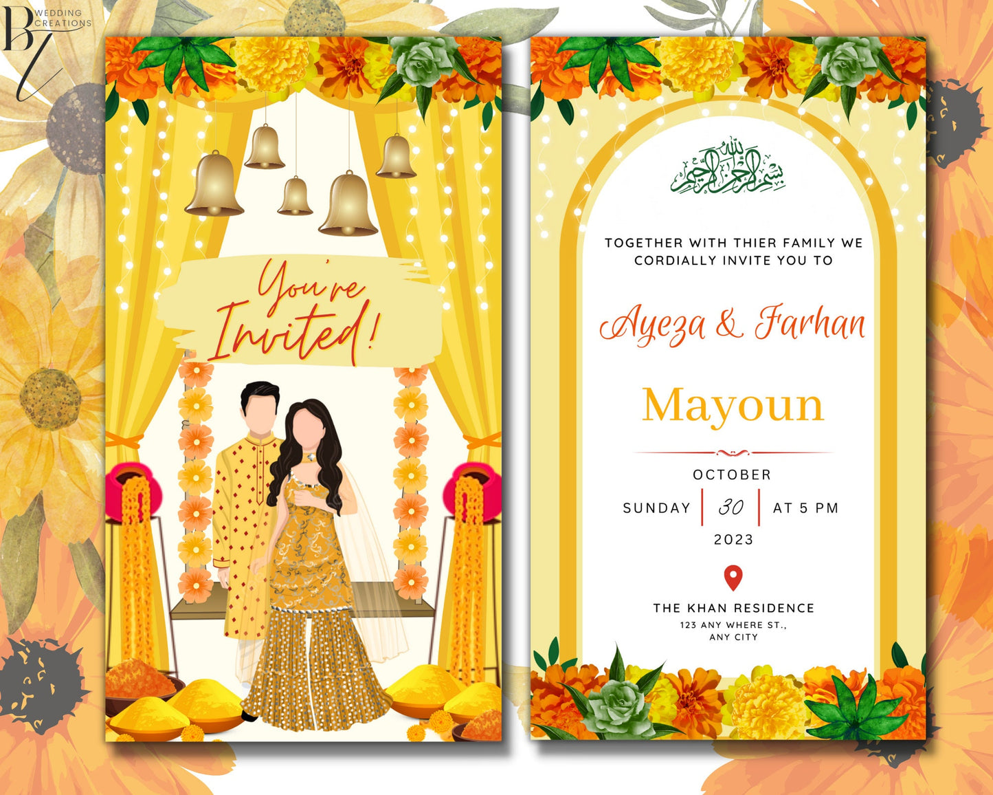 Animated Haldi Mayoun Mayun Dholki Mehndi Pithi Sangeet Digital Invitation Desi Muslim Indian Invite Card Template Floral Editable Yellow