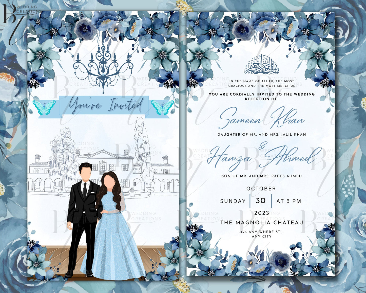 Animated Blue Walima Digital Reception Shaadi Nikkah Engagement Wedding Digital Desi Muslim Invitation Card Template Ice Blue Instant Floral