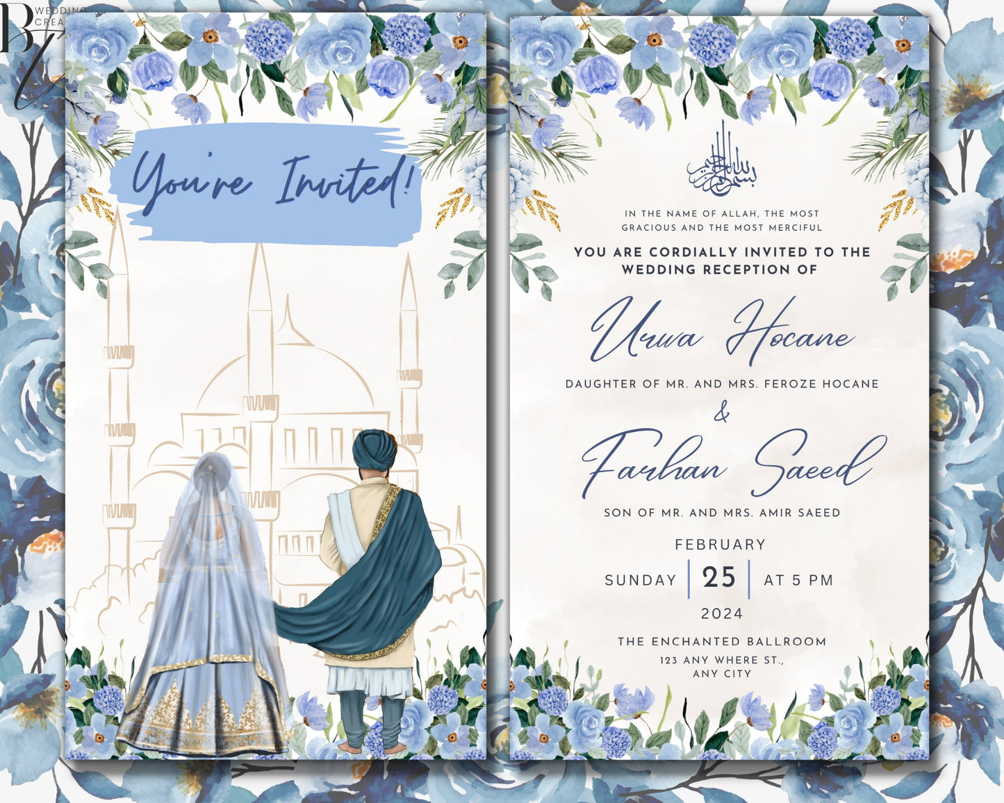 Animated Digital Nikkah Ceremony Shaadi Walima Wedding Engagement Muslim Desi Invitation Invite Card Template Floral Regal Ice Blue Masjid