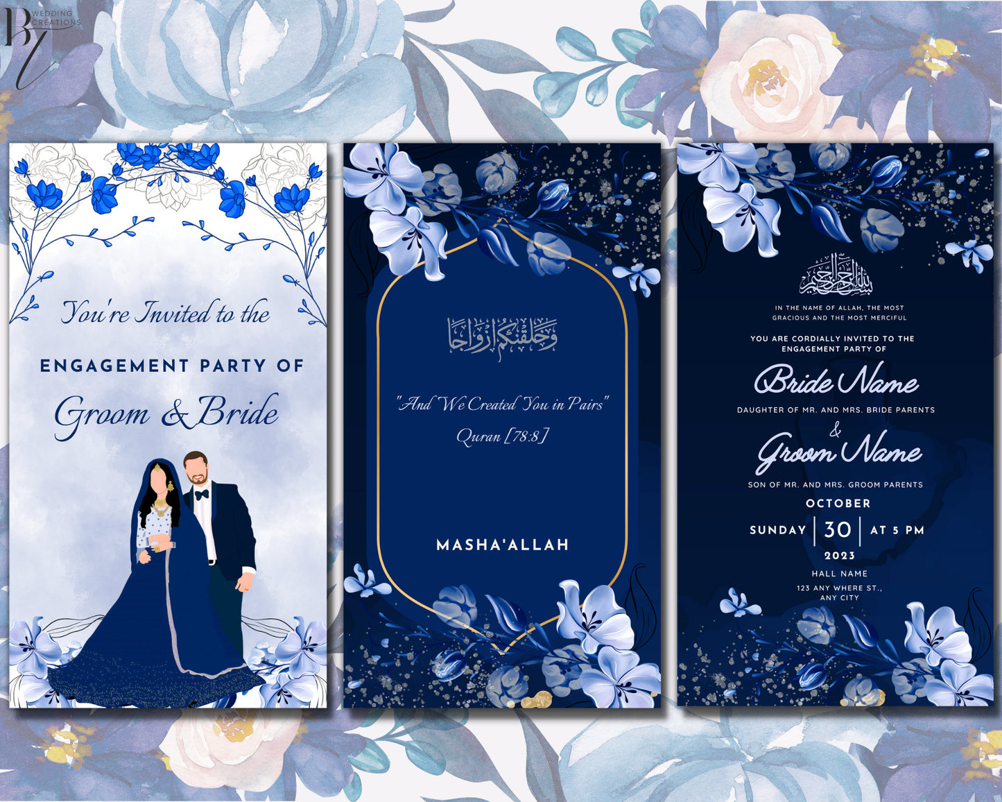 Blue Animated Engagement Nikkah Wedding Walima Shaadi Invitation Card Digital Desi Muslim Invite Templates Floral Royal Blue Downloadable