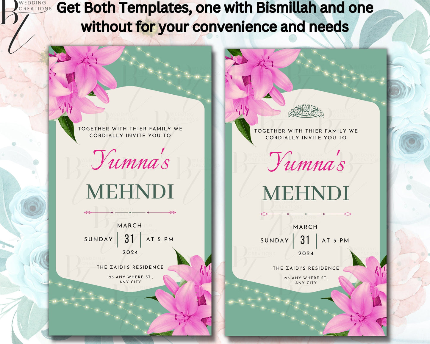Animated Turquoise Mehndi Dholki Mayoun Mayun Haldi Henna Sangeet Invitation Card Muslim Desi Invite Card Template Florals Editable Digital