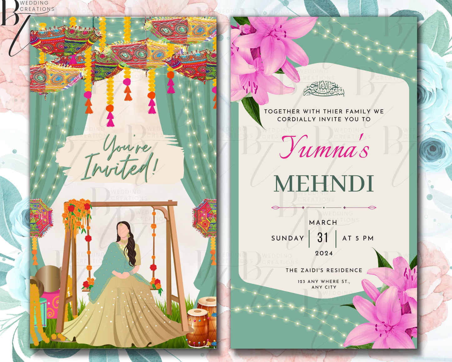 Animated Turquoise Mehndi Dholki Mayoun Mayun Haldi Henna Sangeet Invitation Card Muslim Desi Invite Card Template Florals Editable Digital