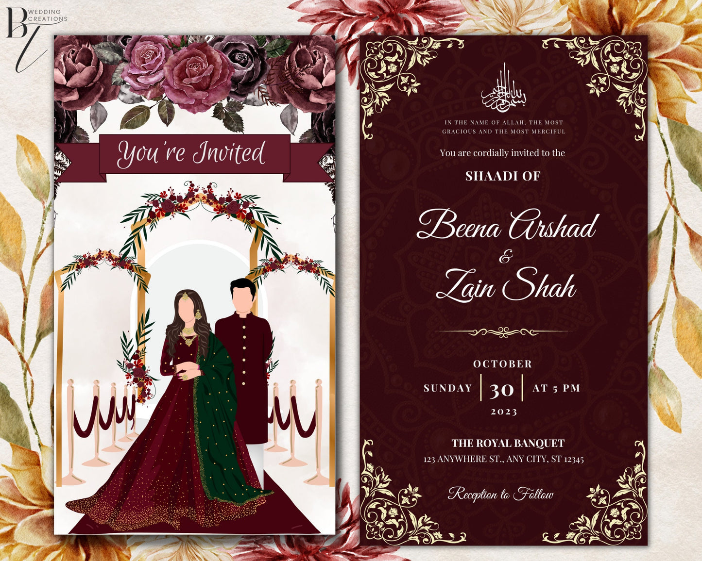 Animated Burgundy Red Maroon Digital Reception Shaadi Nikkah Walima Wedding Engagement Muslim Desi Invitation Invite Floral Regal Reception