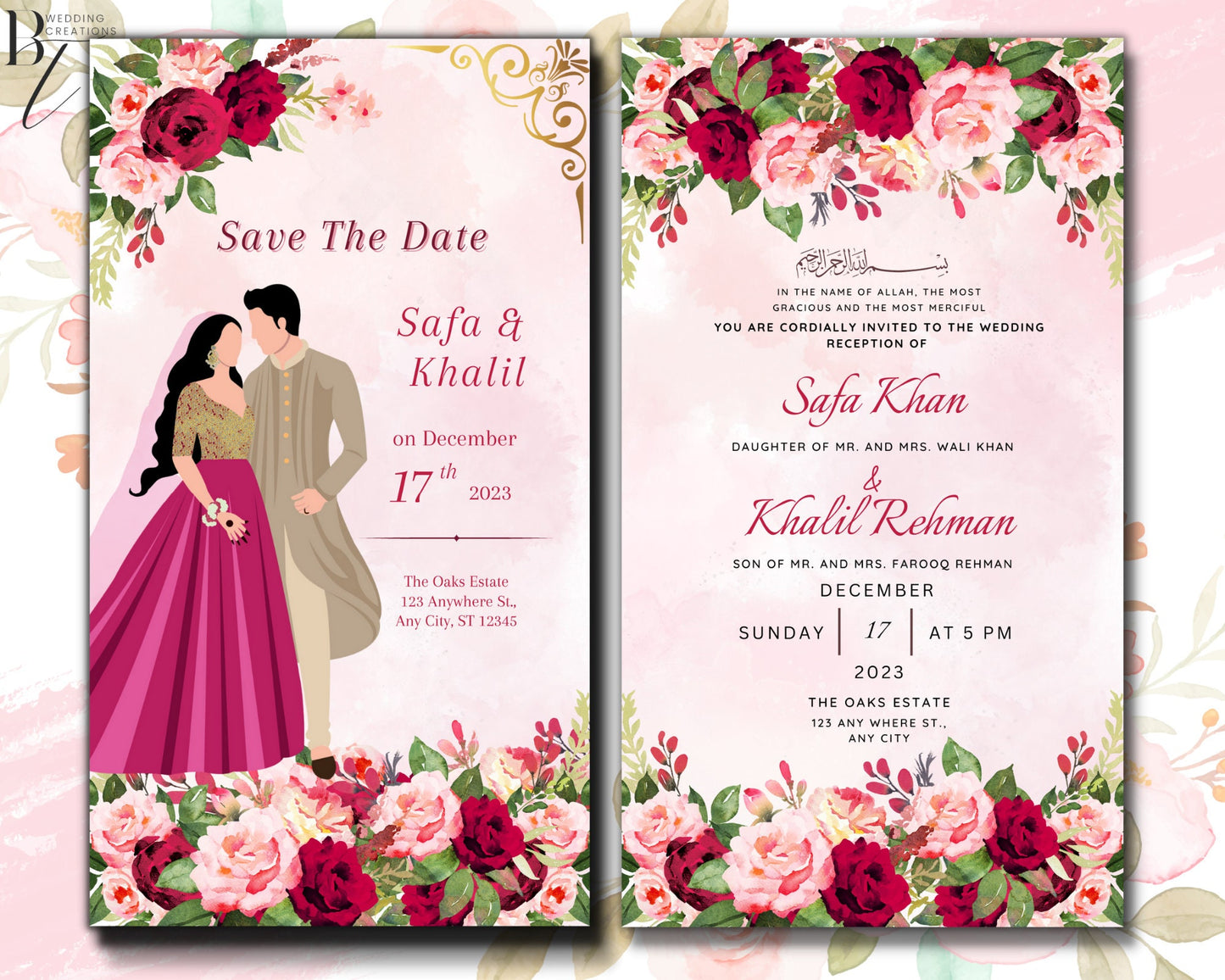 Animated Pink Digital Reception Shaadi Nikkah Ceremony Walima Wedding Engagement Muslim Desi Invitation Invite Card Template Floral Regal