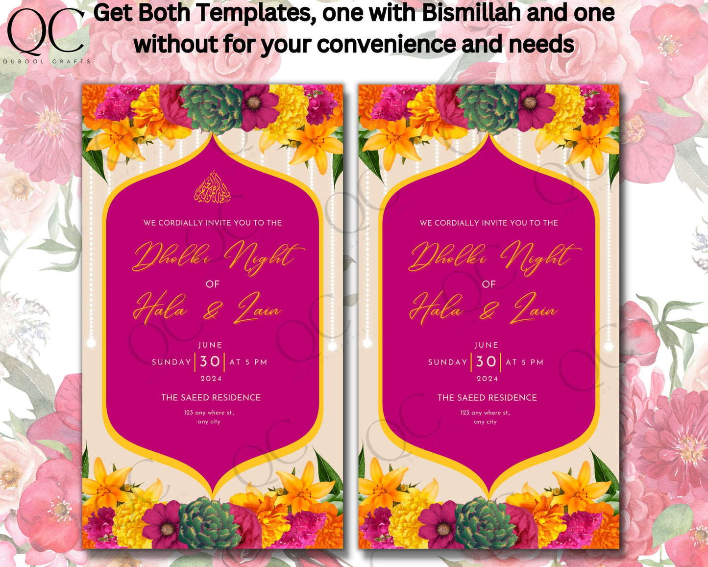 Animated Colorful Mehndi Dholki Mayoun Mayun Haldi Henna Night Invitation Card Muslim Desi Invite Card Template Floral Pink Editable Rainbow