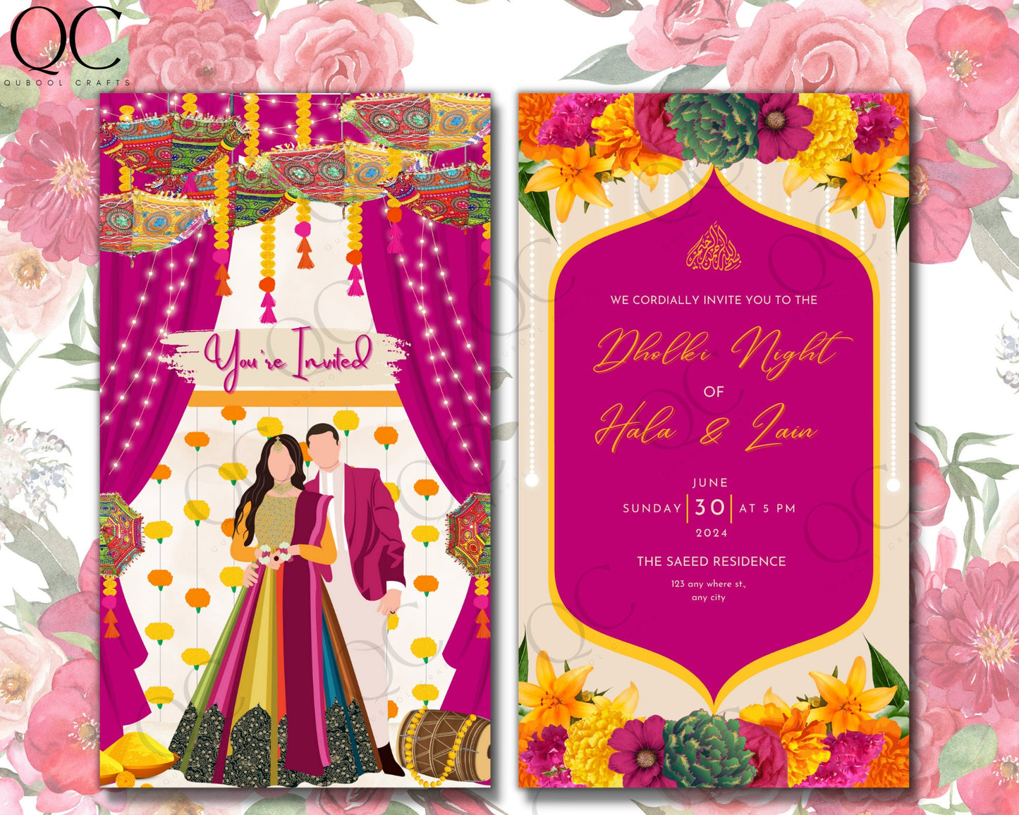 Animated Colorful Mehndi Dholki Mayoun Mayun Haldi Henna Night Invitation Card Muslim Desi Invite Card Template Floral Pink Editable Rainbow