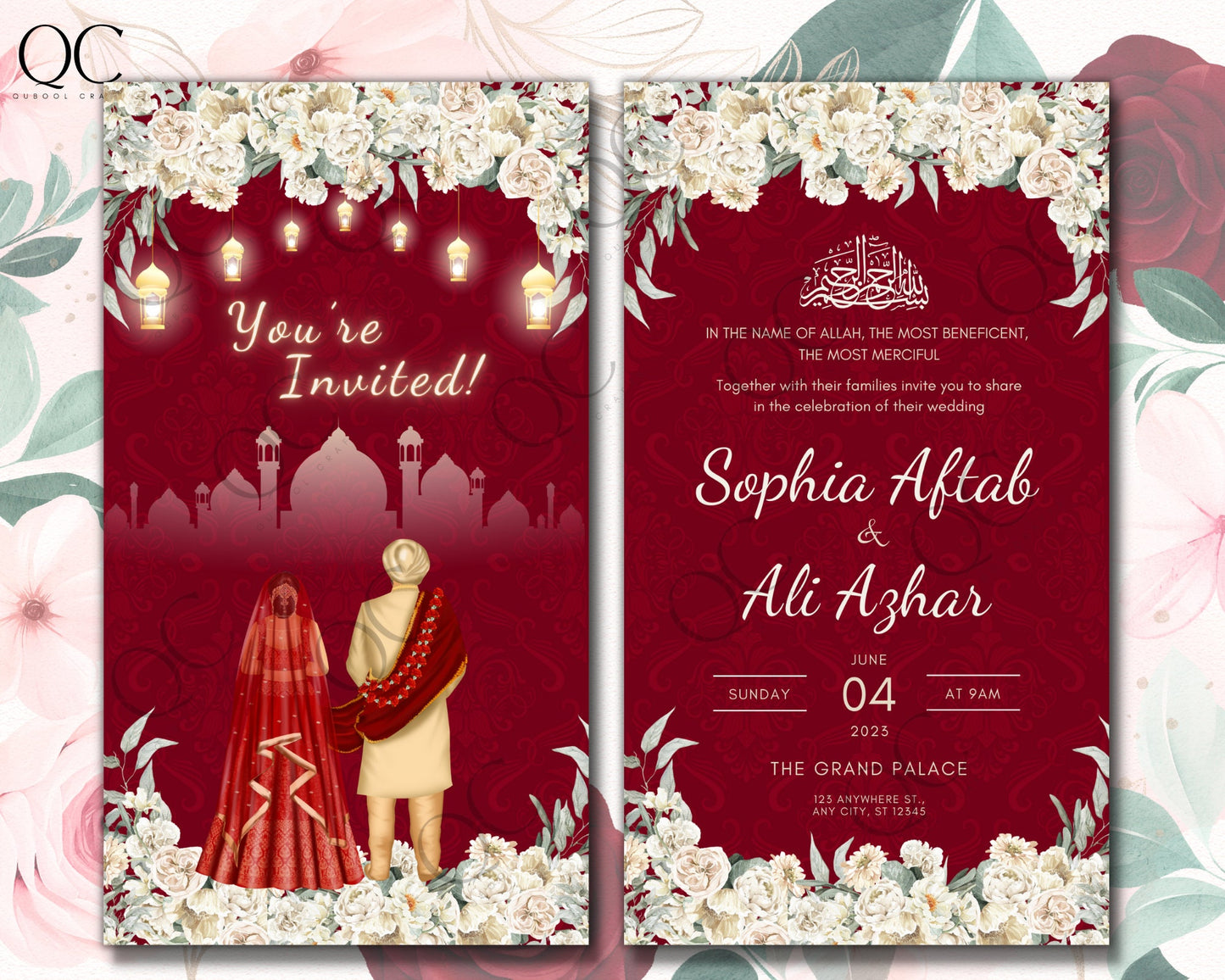 Animated Regal Red Digital Shaadi Nikkah Ceremony Walima Wedding Engagement Muslim Desi Invitation Invite Card Template Floral Masjid White