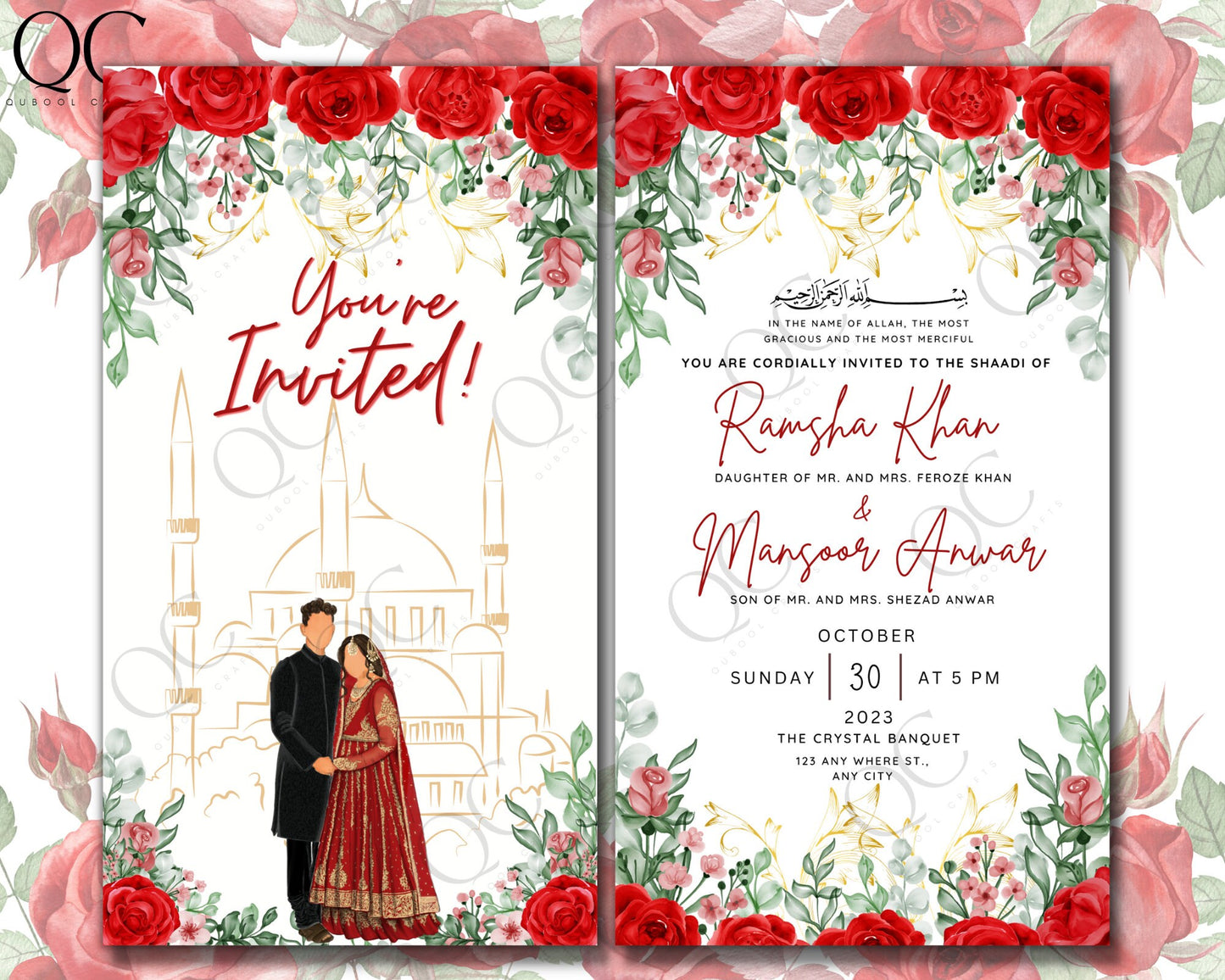 Animated Red Digital Shaadi Nikkah Ceremony Walima Wedding Engagement Muslim Desi Invitation Invite Card Template Floral Regal Masjid Black
