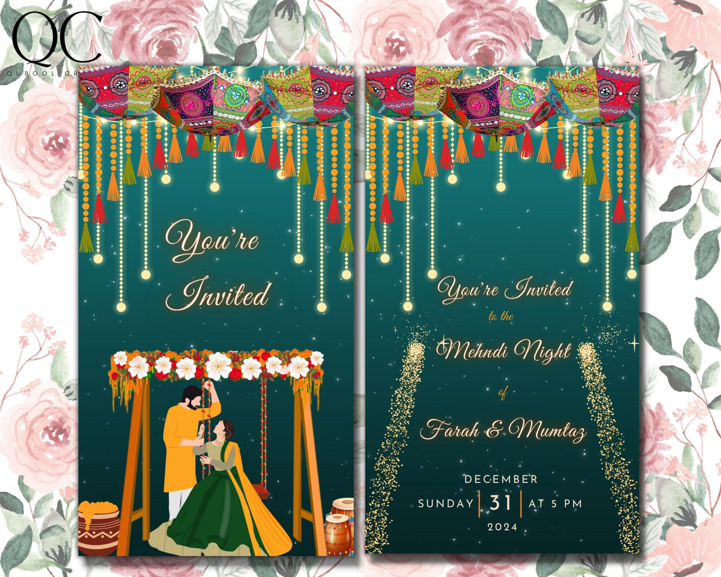 Animated Lighted Mehndi Dholki Mayoun Mayun Haldi Henna Night Invitation Card Muslim Desi Invite Card Template Floral Pink Editable Blue