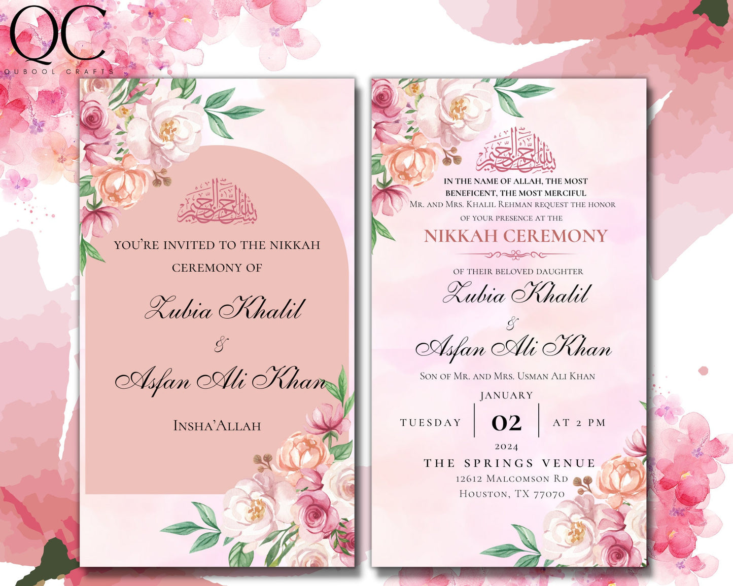 Animated Nikkah Engagement Wedding Shaadi Walima Save the Date Baat Paaki Invitation Card Digital Desi Muslim Invite Template Floral Minimal
