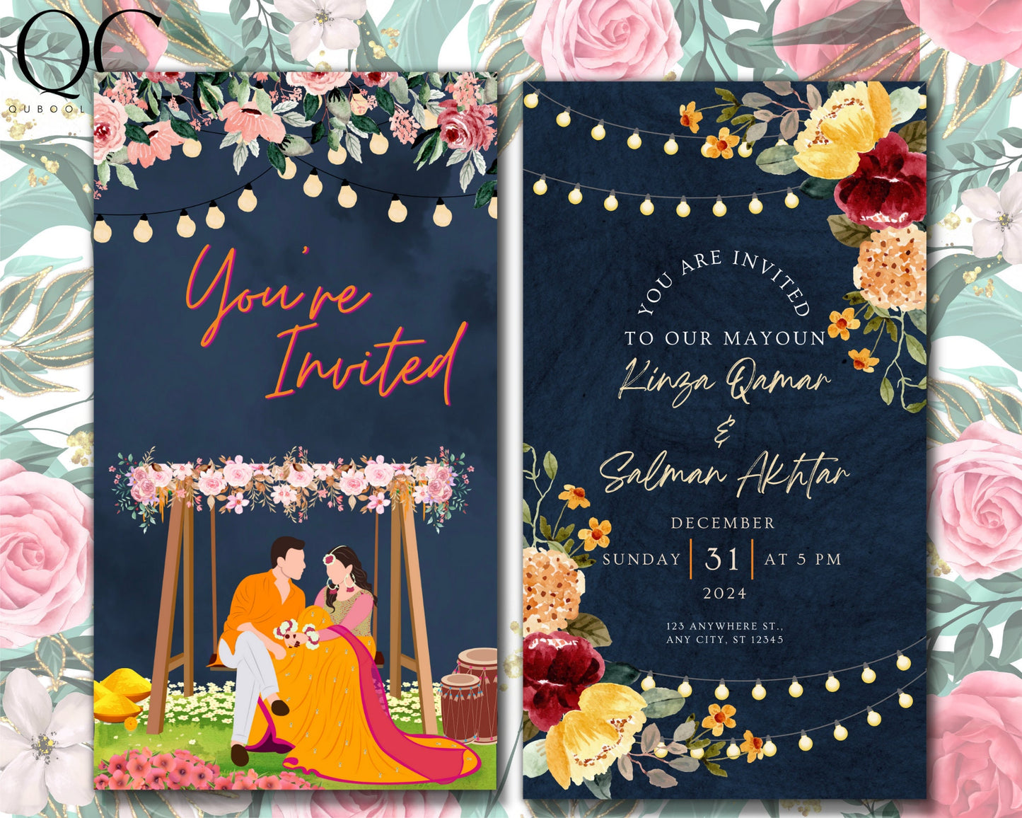 Animated Outdoor Mayoun Mehndi Dholki Mayun Haldi Henna Invitation Card Muslim Desi Invite Card Template Floral Pink Editable Blue