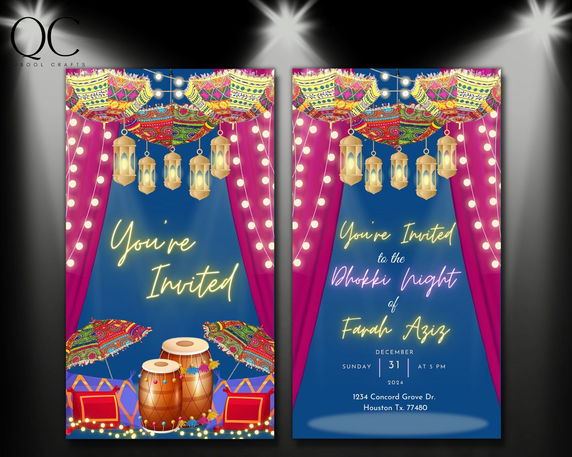 Animated Lighted Dholki Dance Mehndi Mayoun Mayun Henna Night Invitation Custom Card Muslim Desi Invite Card Template Editable Blue Dholak