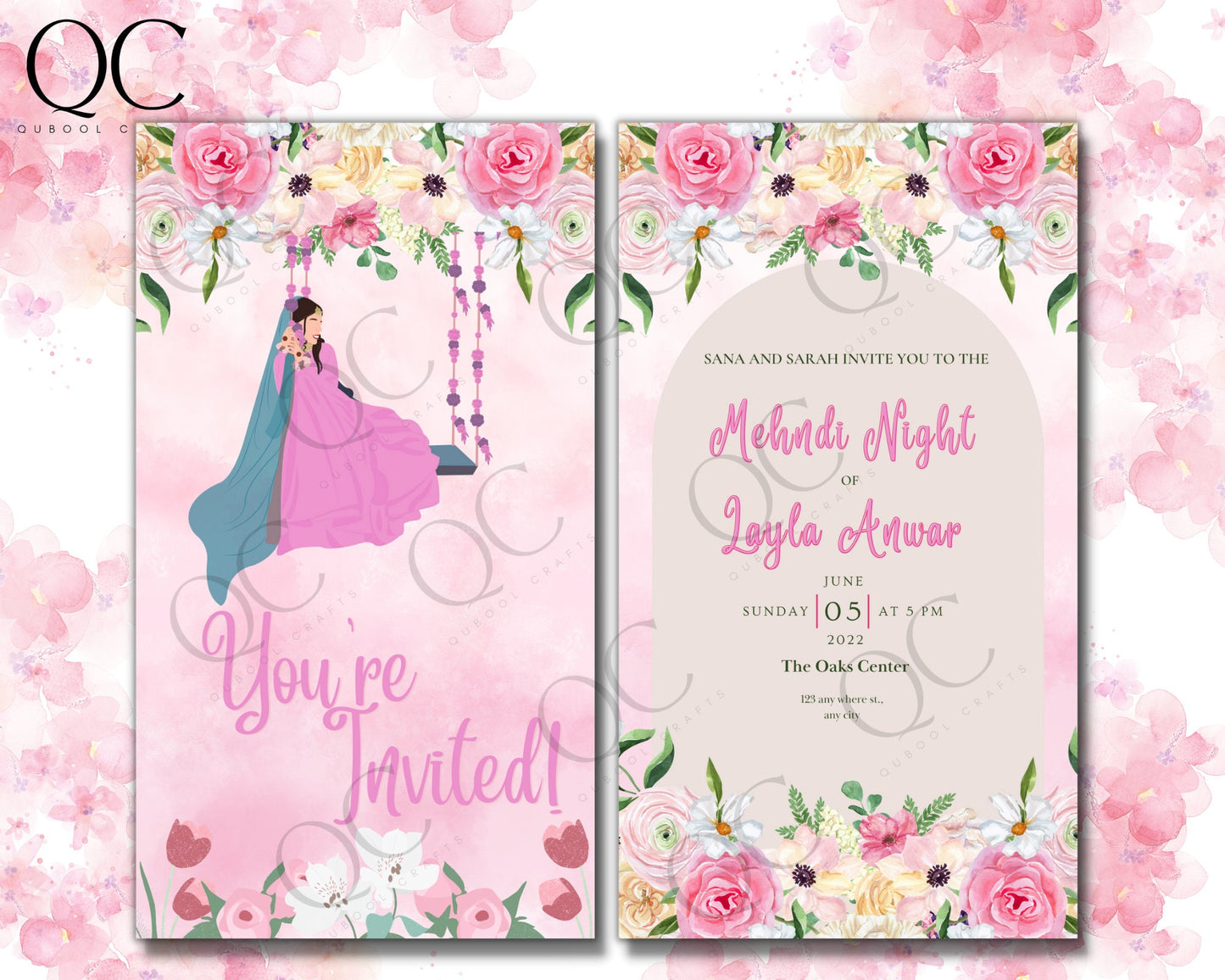Animated Pastel Mehndi Dholki Haldi Mayoun Sangeet Digital Wedding Invitation Card Muslim Desi Invite Template Floral Pink Editable Bride