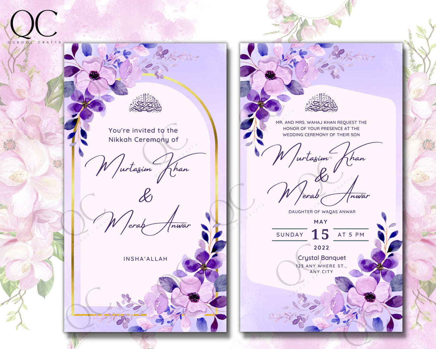 Animated Lilac Lavender Nikkah Engagement Wedding Shaadi Walima Save the Date Baat Paaki Invitation Digital Desi Muslim Invite Floral Card