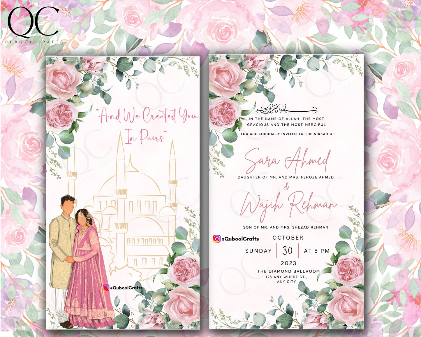 Animated Pink Digital Shaadi Nikkah Ceremony Walima Wedding Engagement Muslim Desi Invitation Invite Card Template Floral Masjid Pastel