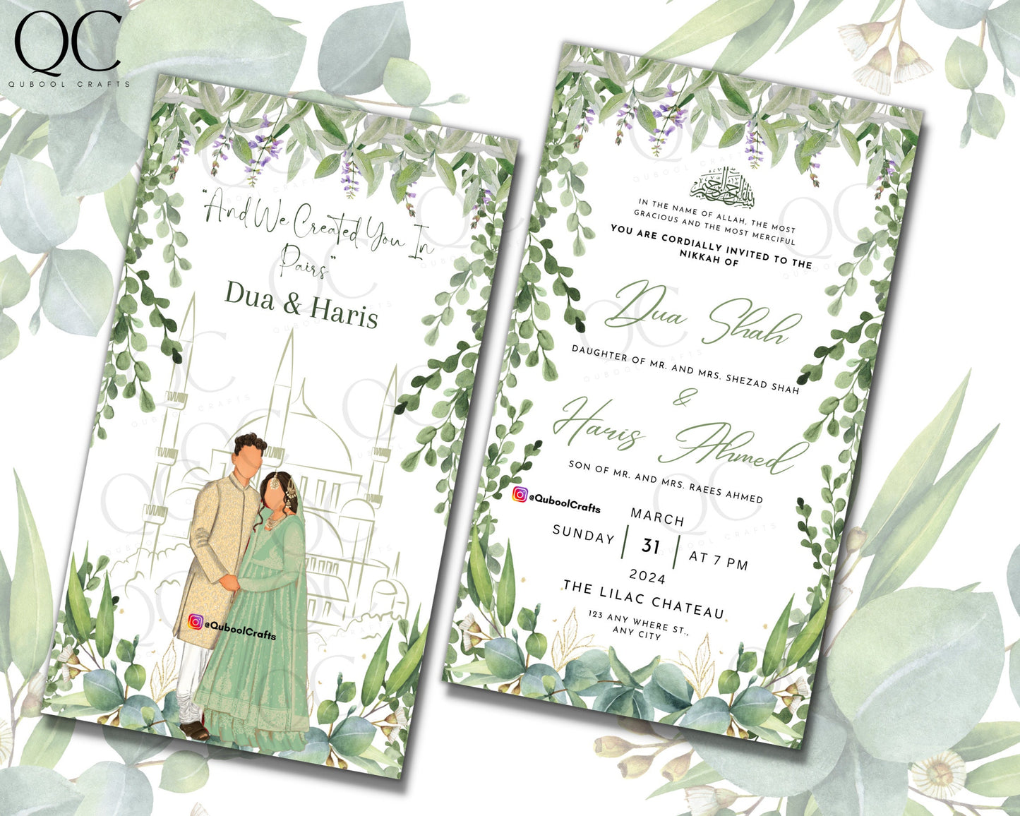 Animated Sage Green Digital Nikkah Ceremony Shaadi Walima Wedding Engagement Muslim Desi Invitation Invite Card Custom Floral Greenery