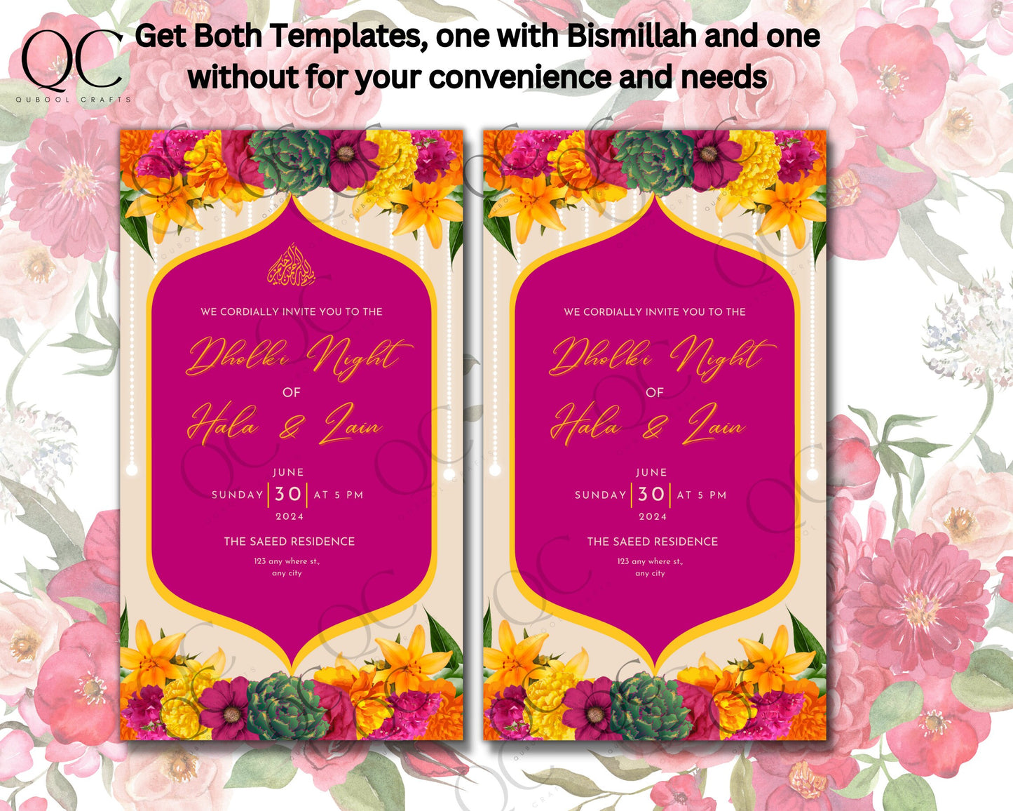 Animated Lighted Colorful Mehndi Dholki Mayoun Mayun Henna Invitation Card Muslim Desi Invite Card Template Floral Pink Editable Custom