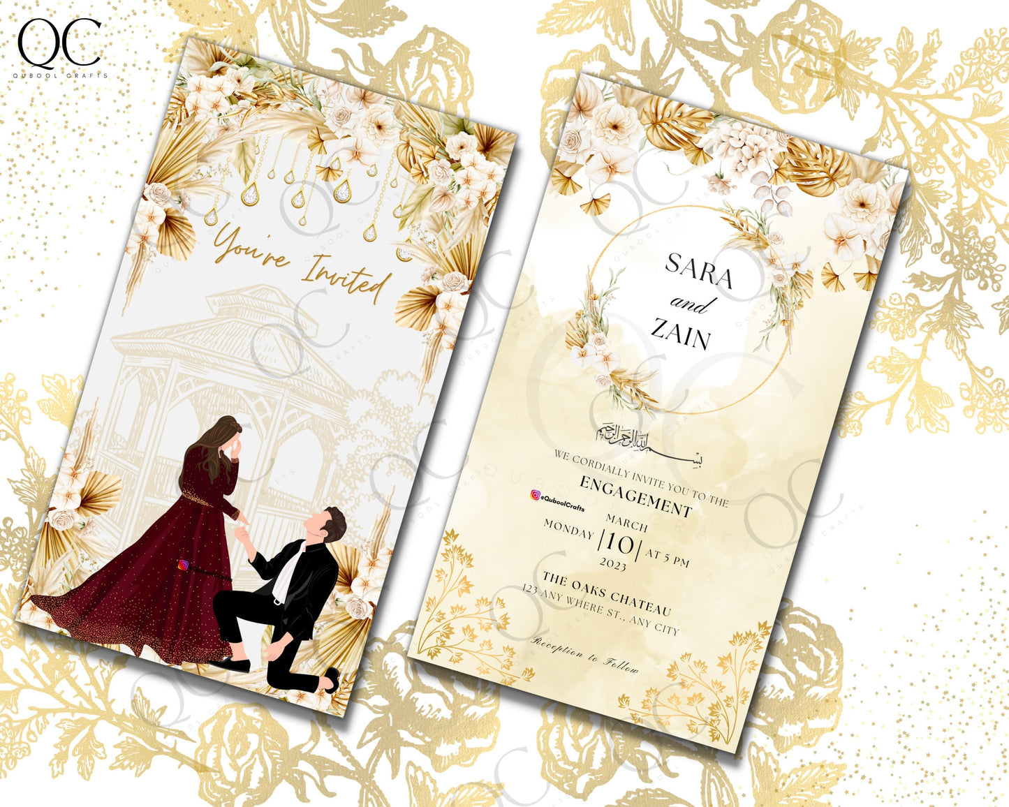 Animated Gold Engagement Digital Nikkah Ceremony Shaadi Walima Wedding Muslim Desi Custom Invitation Invite Template Floral Golden Reception